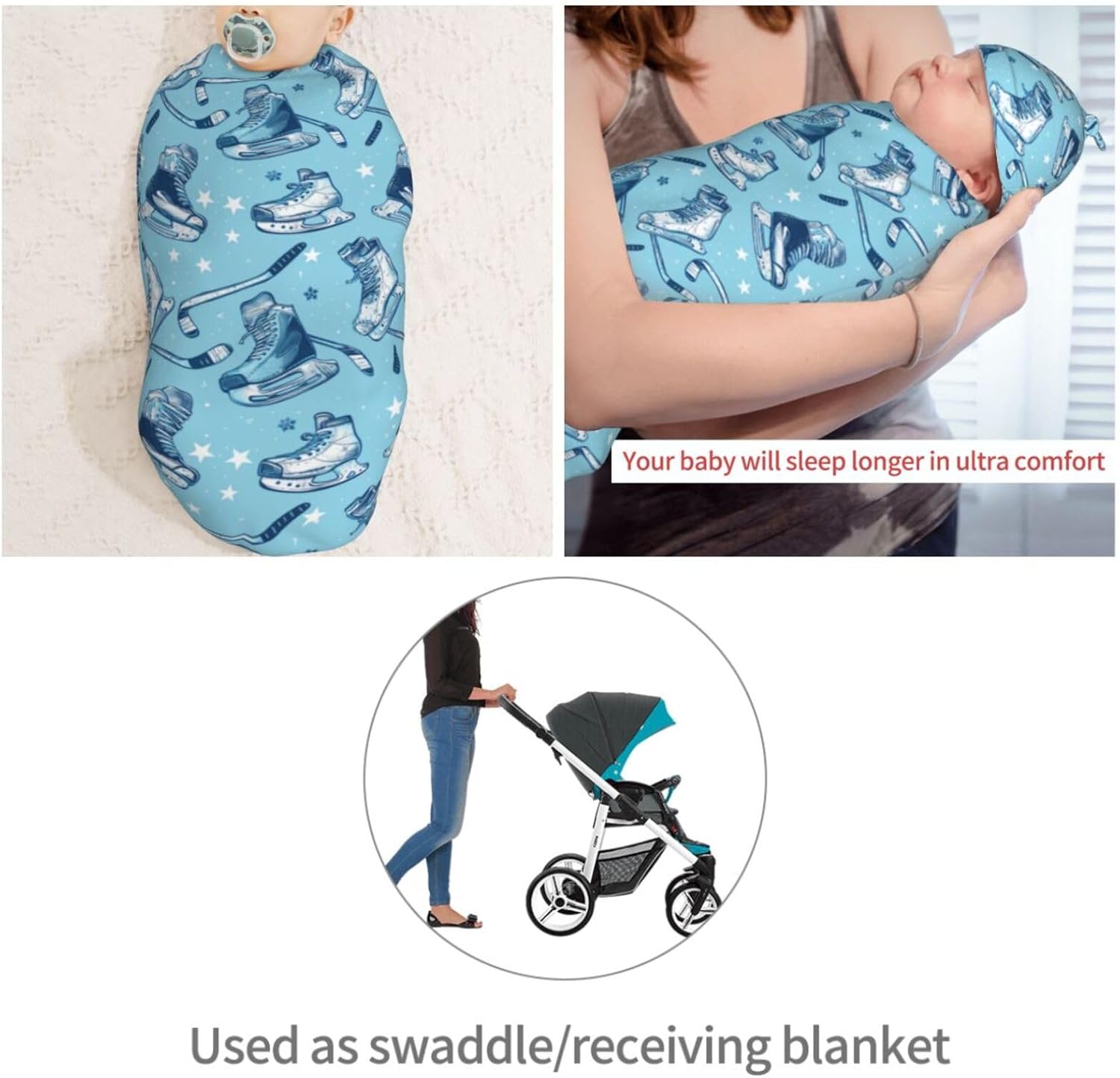 Muishi Ice Hockey Swaddle Blanket Hat Set for Newborns