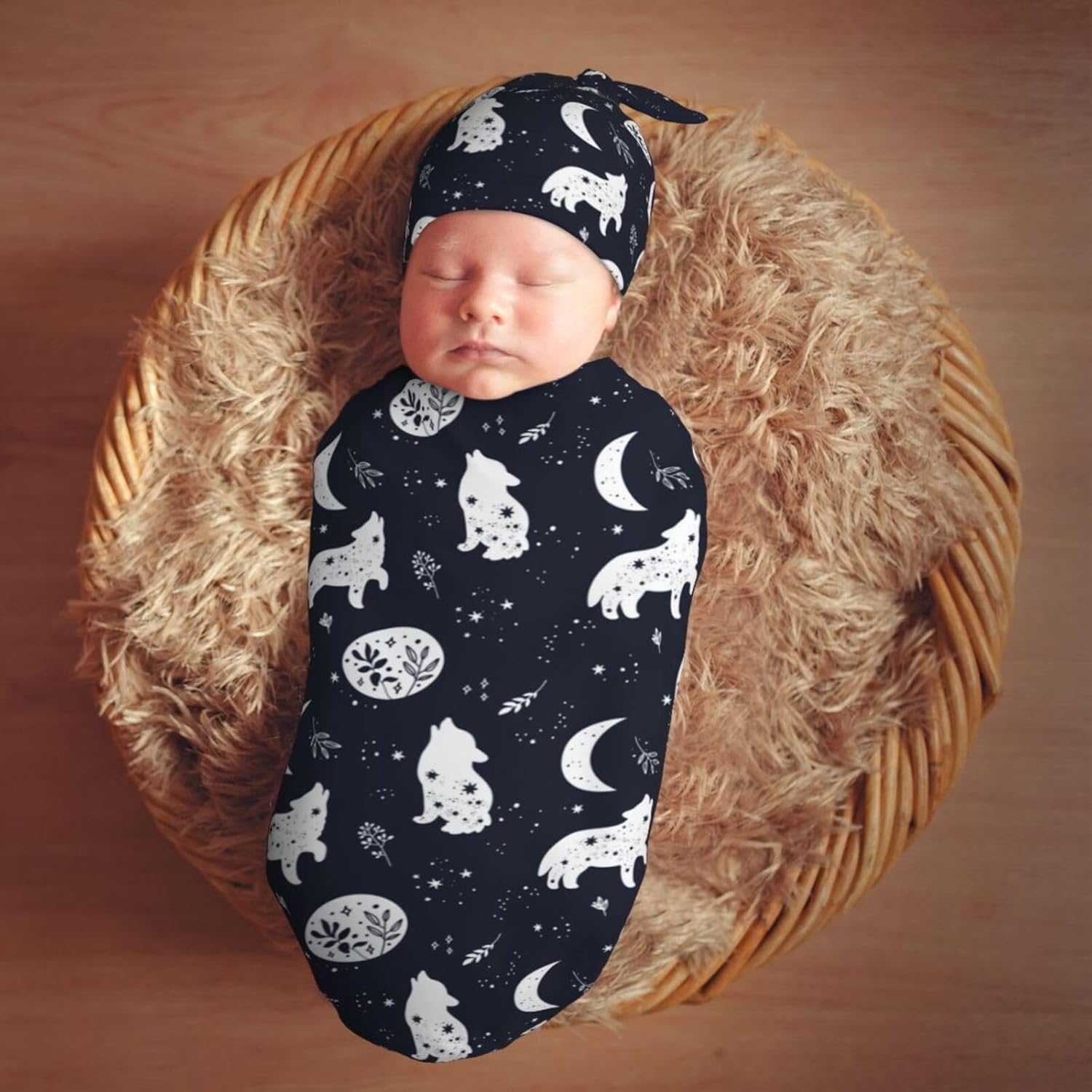 Boho Wolf Newborn Swaddle Blanket Hat Set