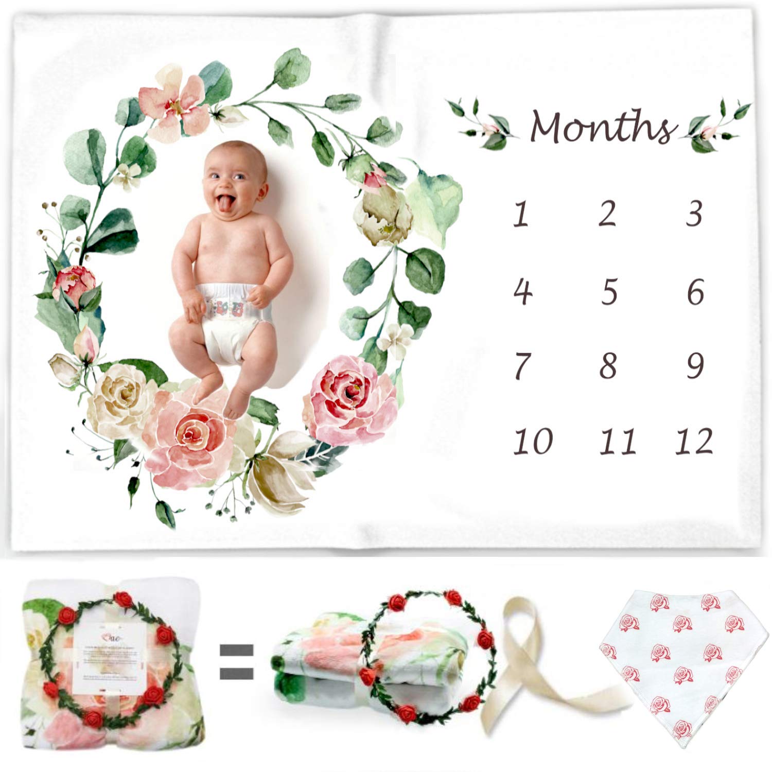 SEJJEN Baby Milestone Blanket - Floral Plush Fleece for Photos