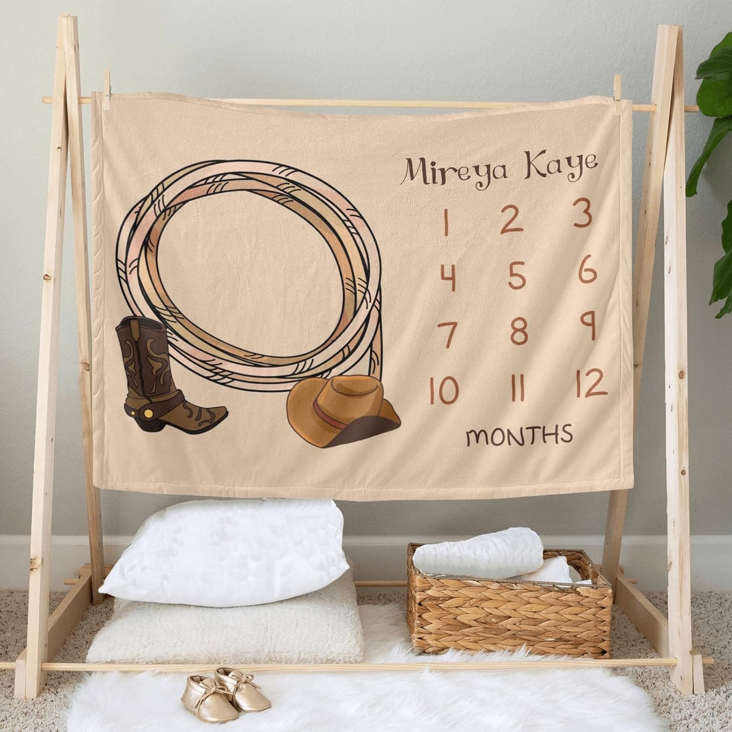 Deven Personalized Baby Blanket - Soft Cowboy Hat Boot Milestone Blanket 30x40 in