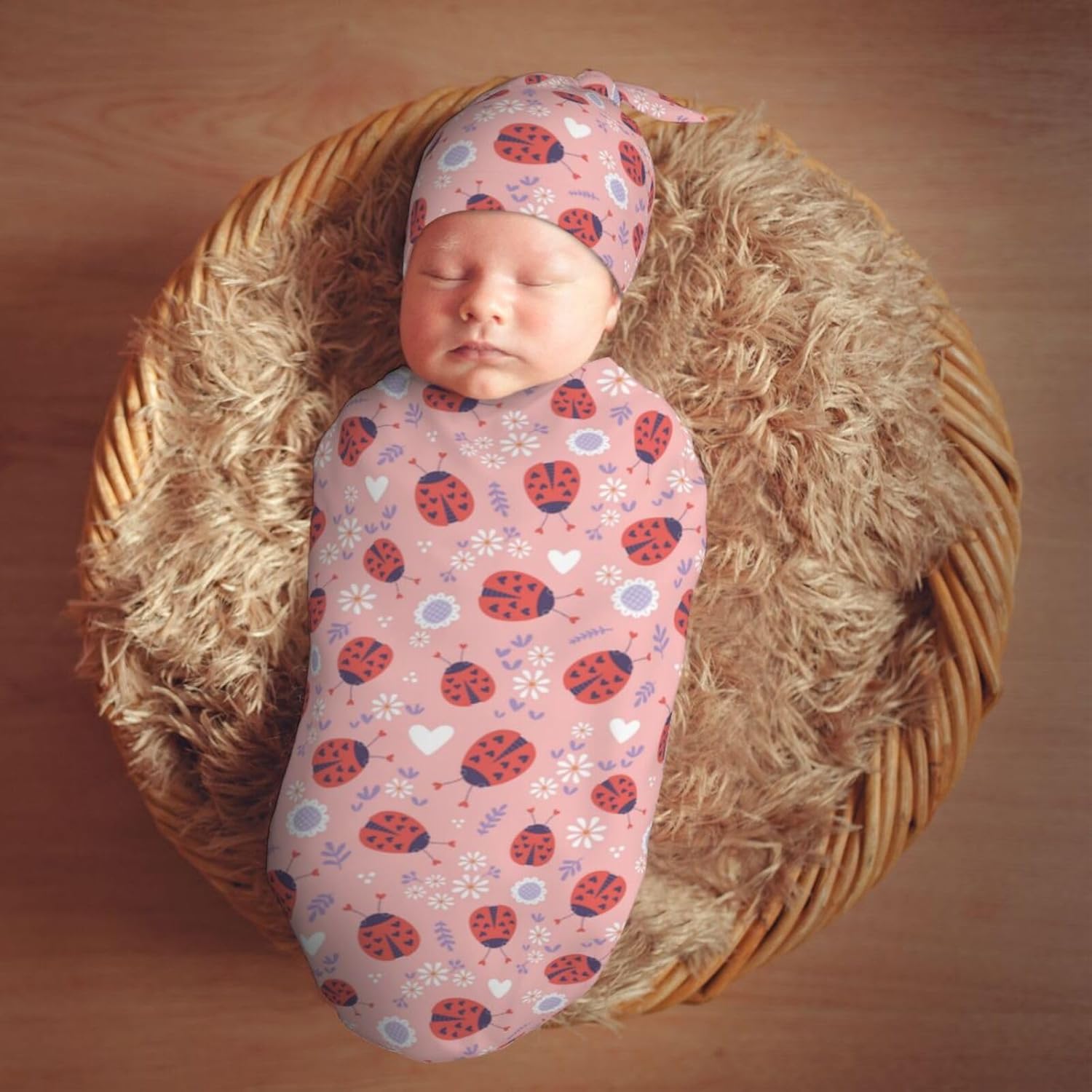 Muishi Ladybugs Hearts Flowers Swaddle Blanket Hat Set