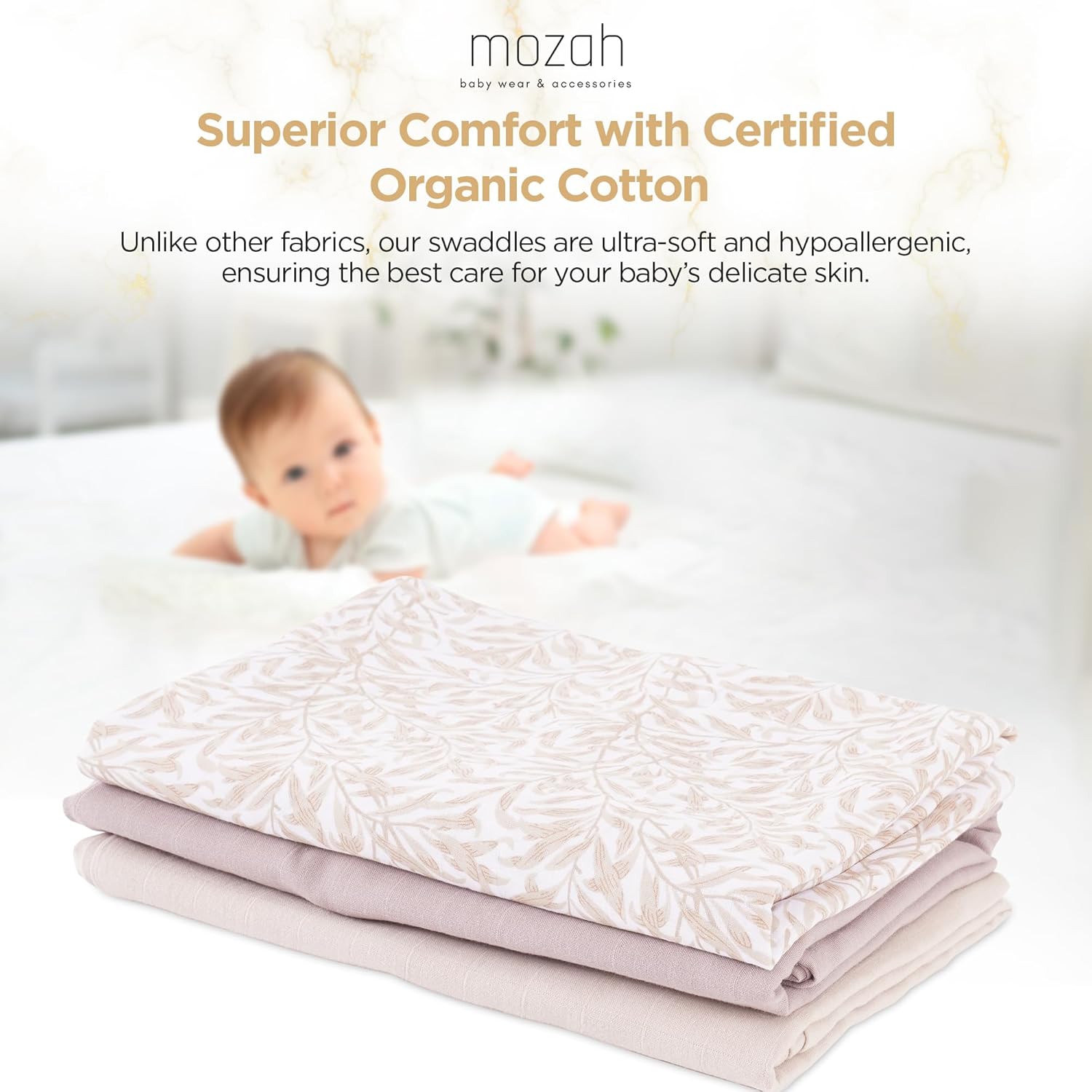 MOZAH Organic Muslin Swaddle Blankets 3 Pack