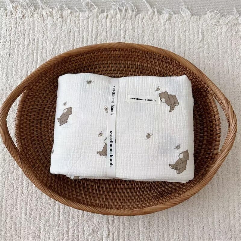 BuLuTu 47x51 Inch Muslin Cotton Baby Blanket with Bear Bee Pattern
