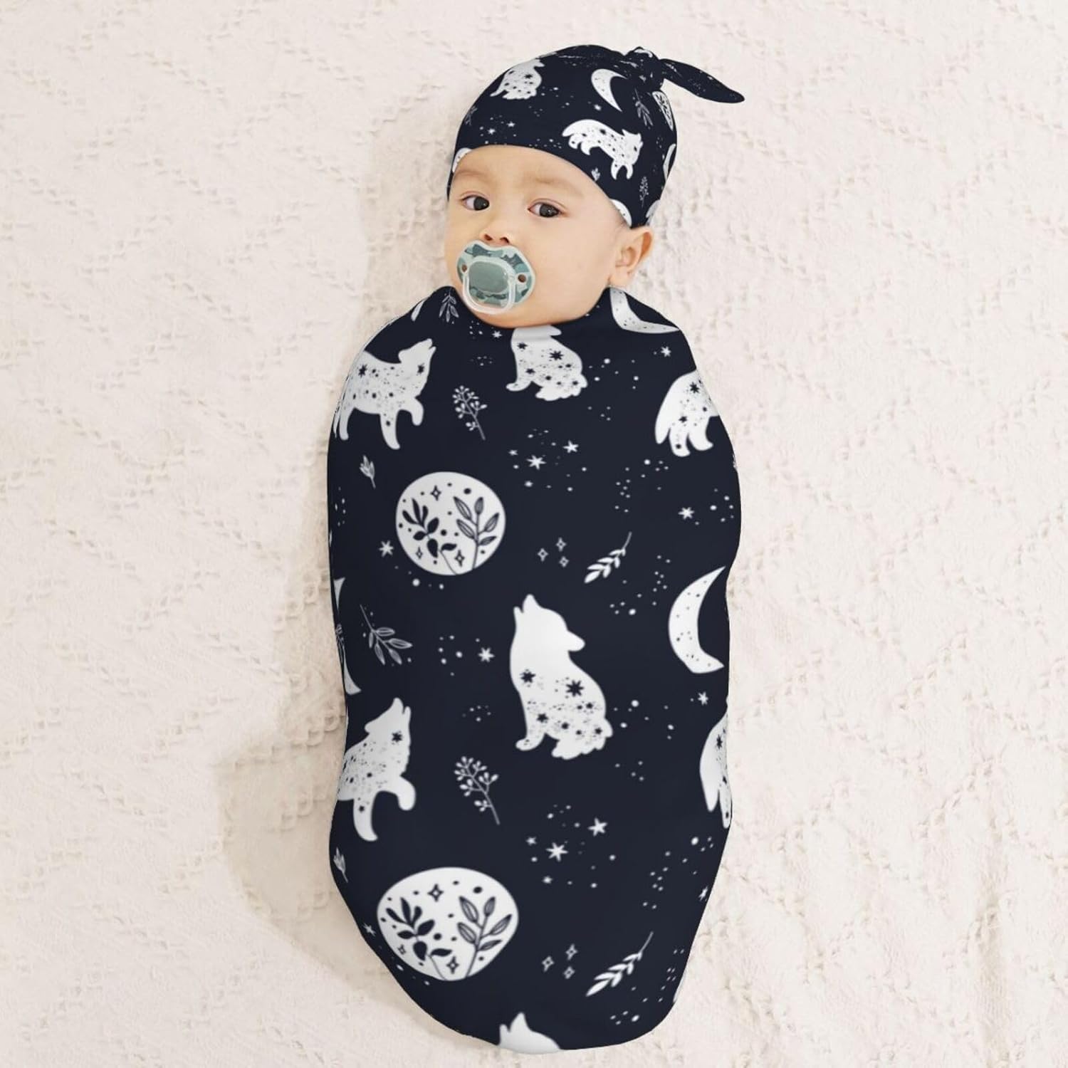 Boho Wolf Newborn Swaddle Blanket Hat Set