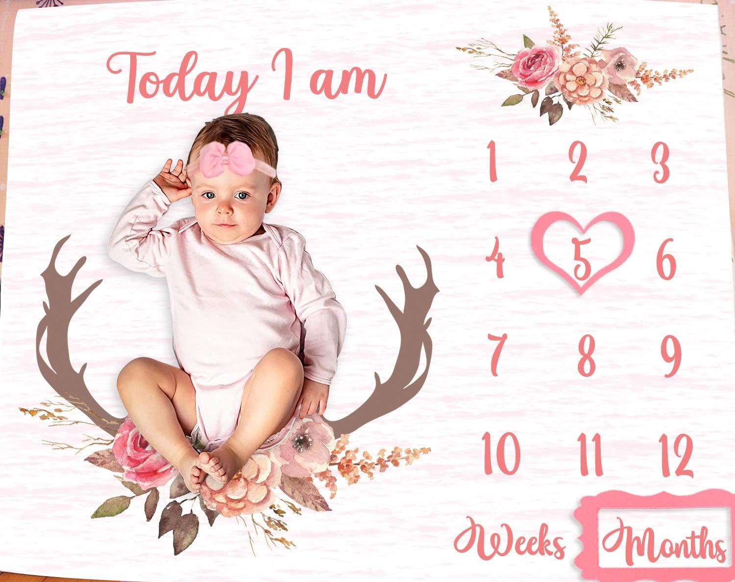 PHMOJEN Monthly Milestone Blanket for Baby Girl Pink Deer Antler Flowers