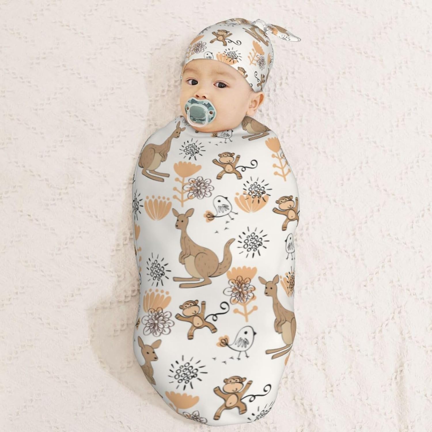 Muishi Funny Kangaroo Monkey Swaddle Blanket Hat Set
