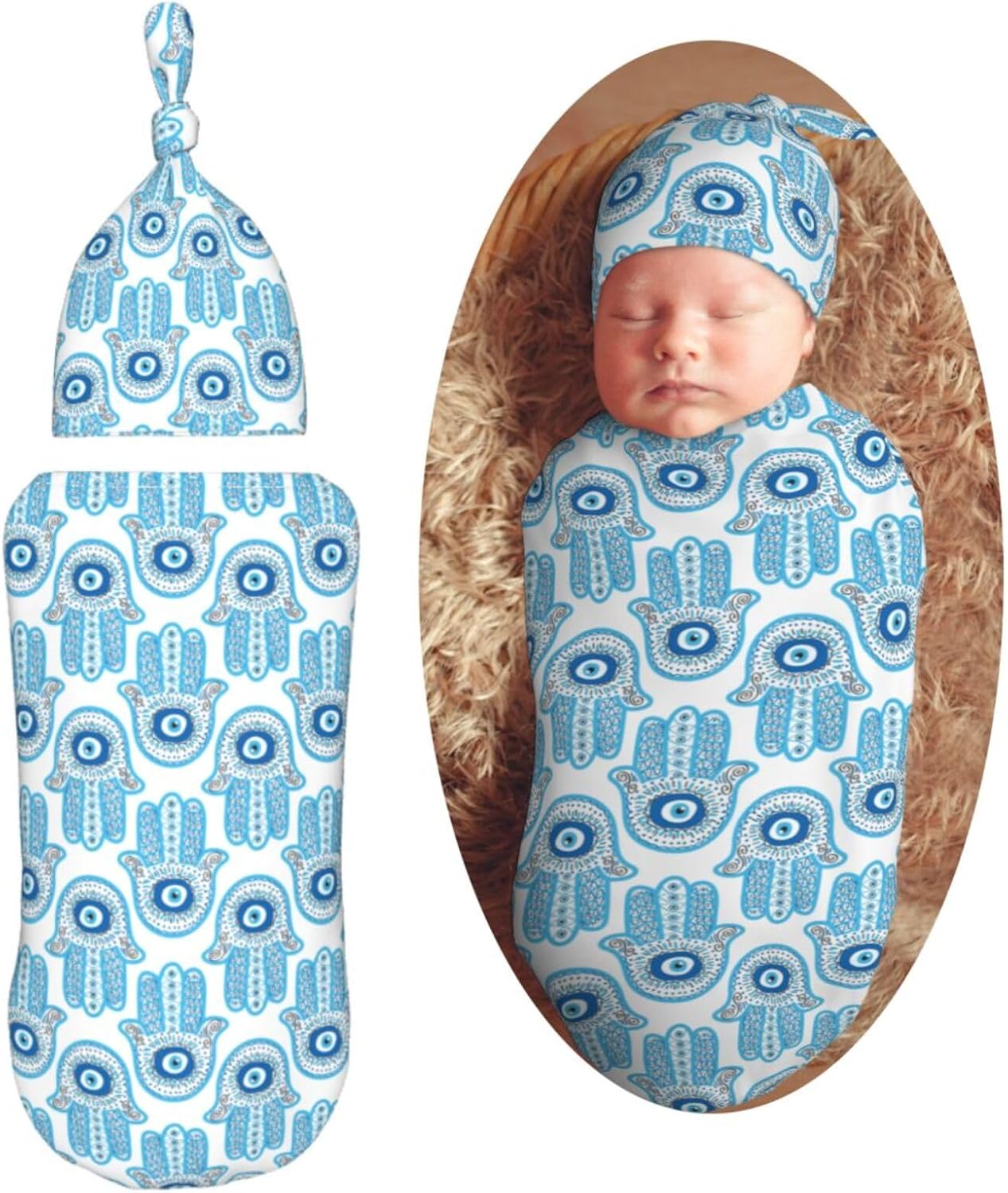 Muishi Hamsa Hand Evil Eye Swaddle Blanket Hat Set