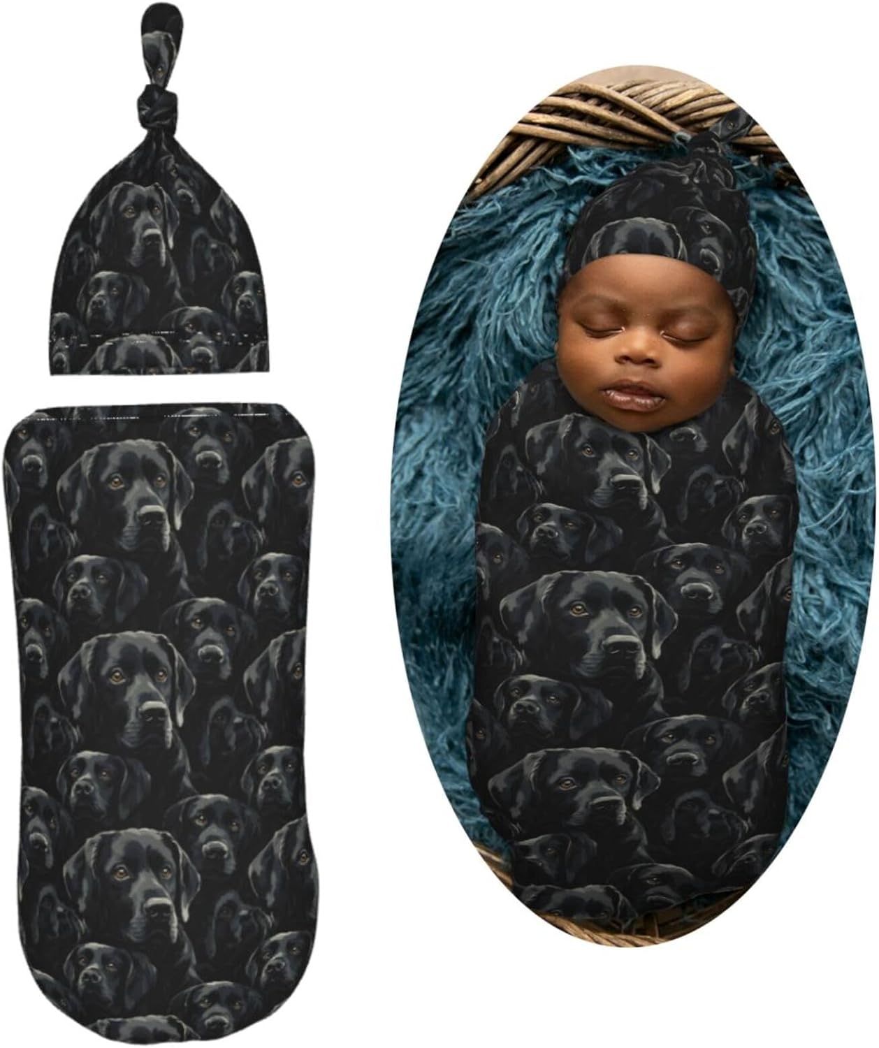 Muishi Black Labrador Swaddle Blanket and Hat Set