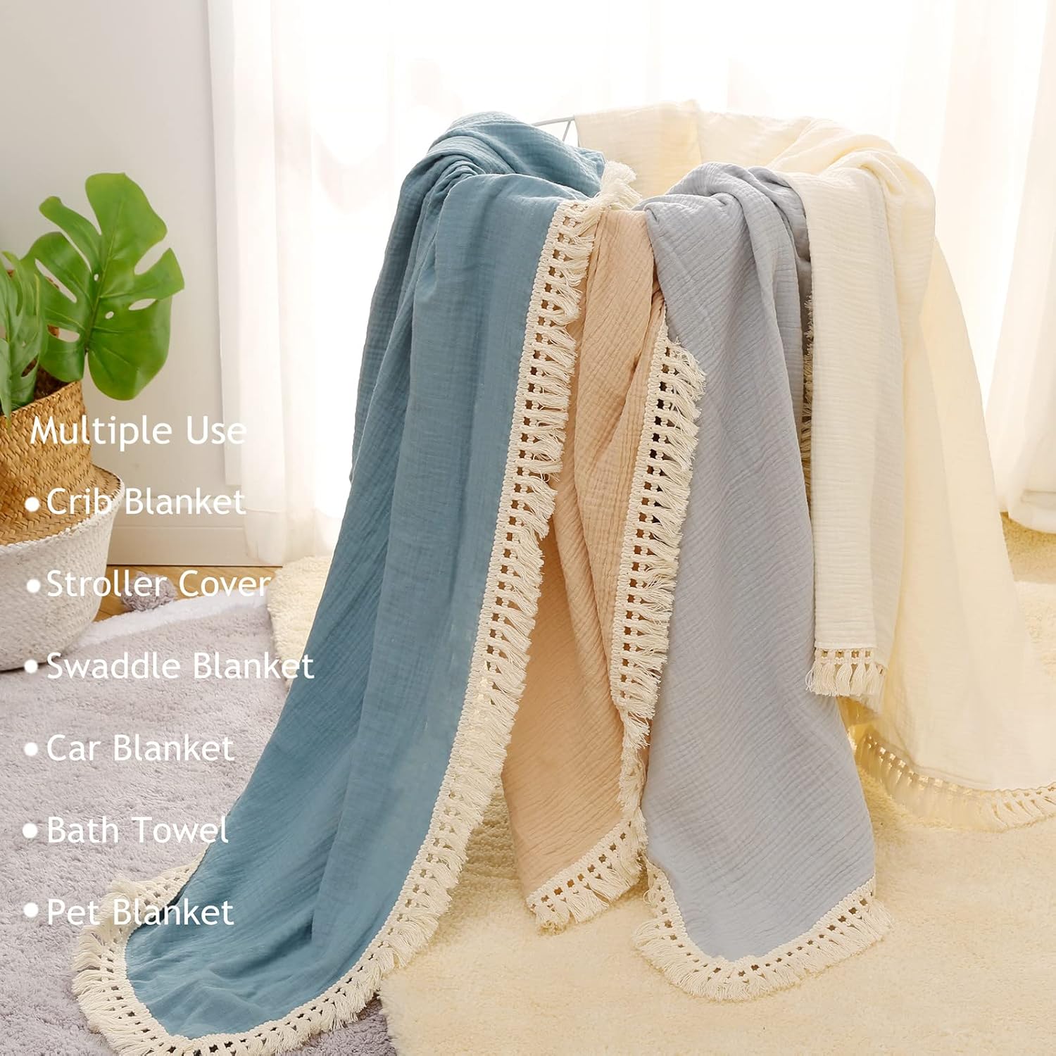 Insular Cotton Muslin Baby Blanket with Tassel 47x40 Khaki
