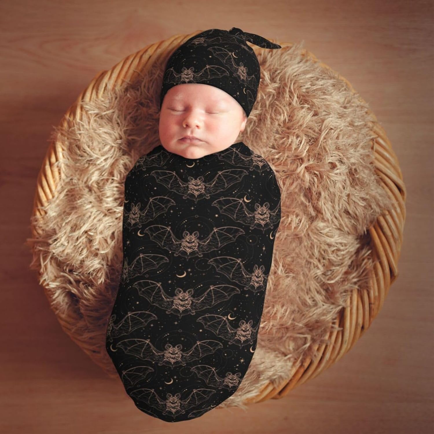 Night Bat Moon Newborn Swaddle Blanket Hat Set