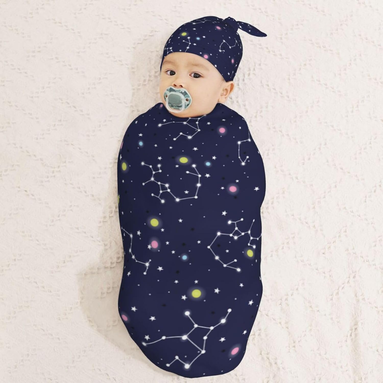 Muishi Space Stars Newborn Swaddle Blanket and Hat Set