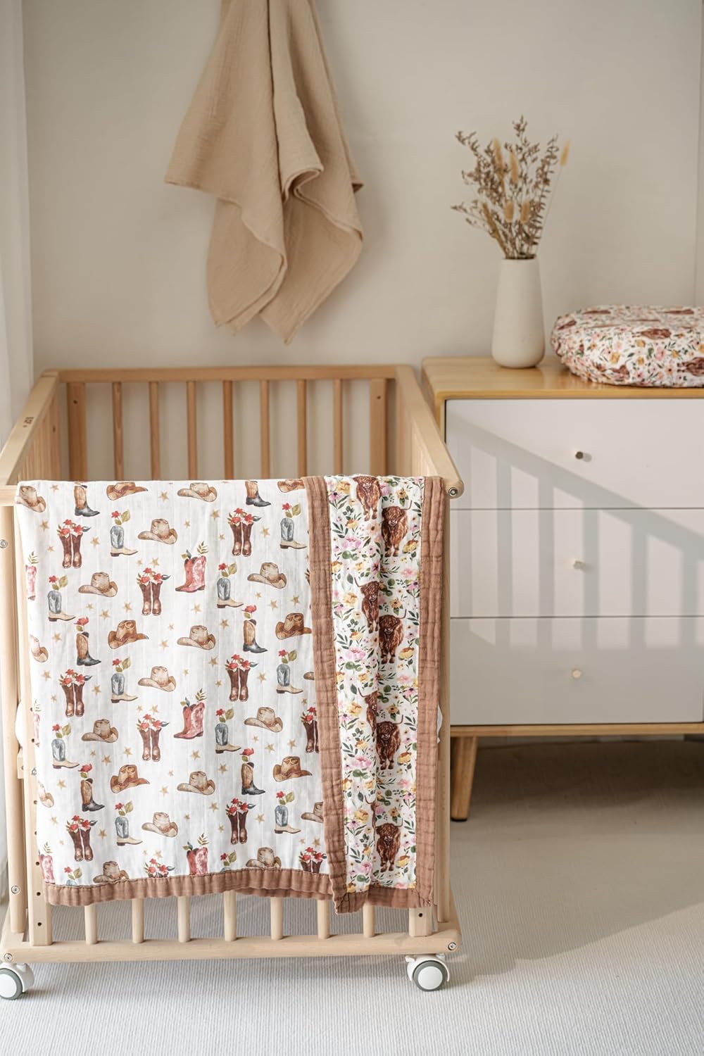 Little Jump Cowgirl Floral Highland Cow Muslin Blanket - 47 x 47