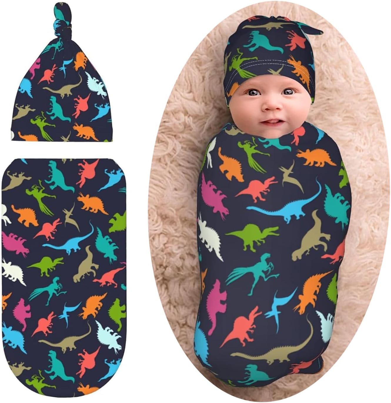 WELBB Dinosaur Swaddle Blanket Beanie Set for Newborns