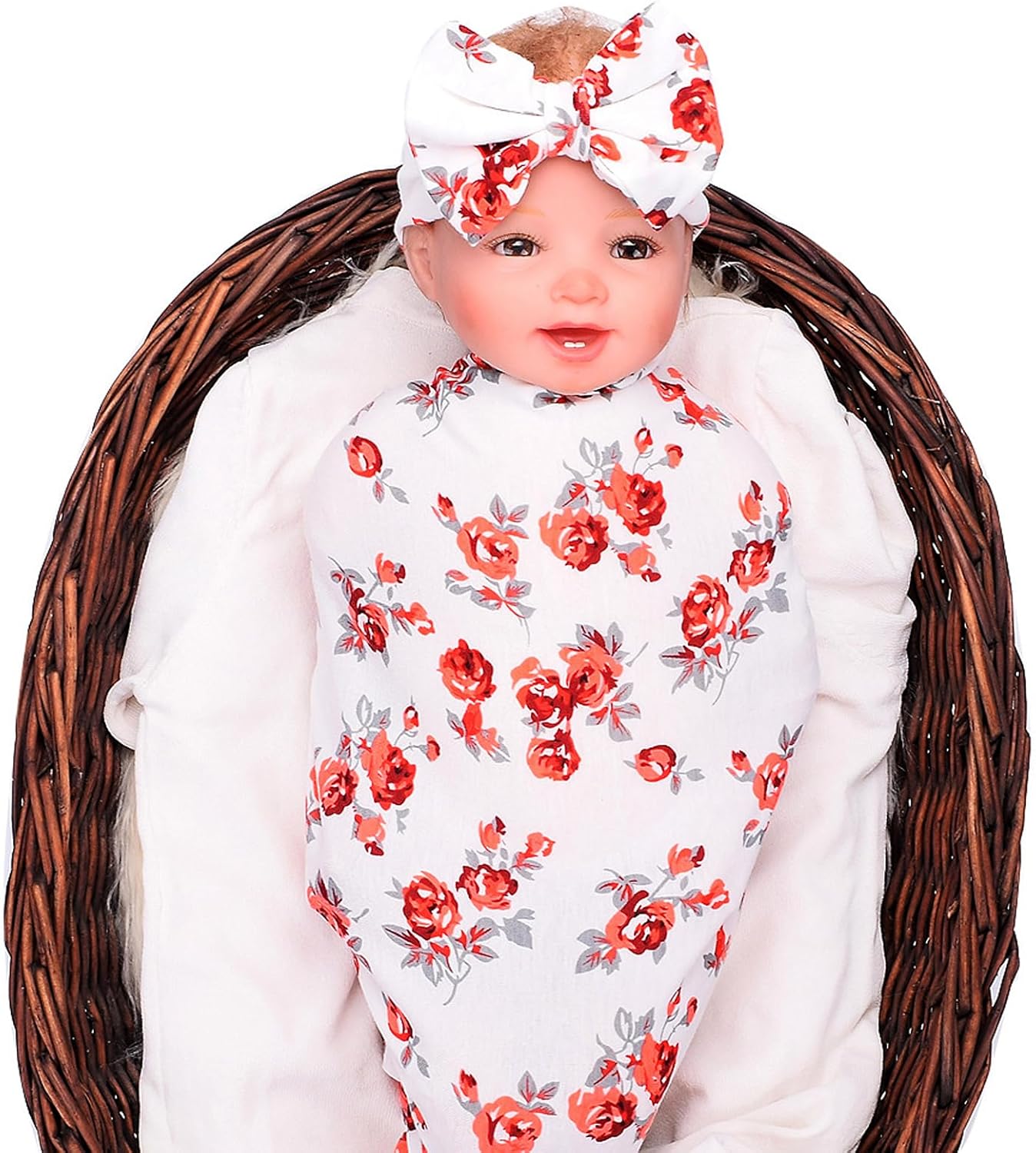 Newborn Swaddle Blanket with Headband for 0-3 Month Baby Red