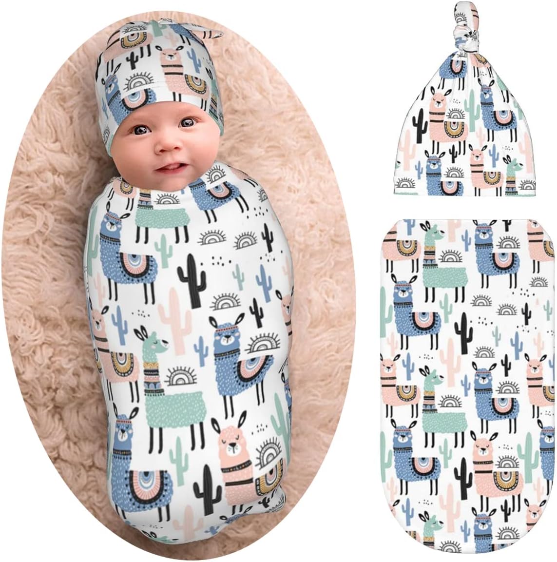 Osvbs Llama Baby Swaddle Blanket with Beanie Set