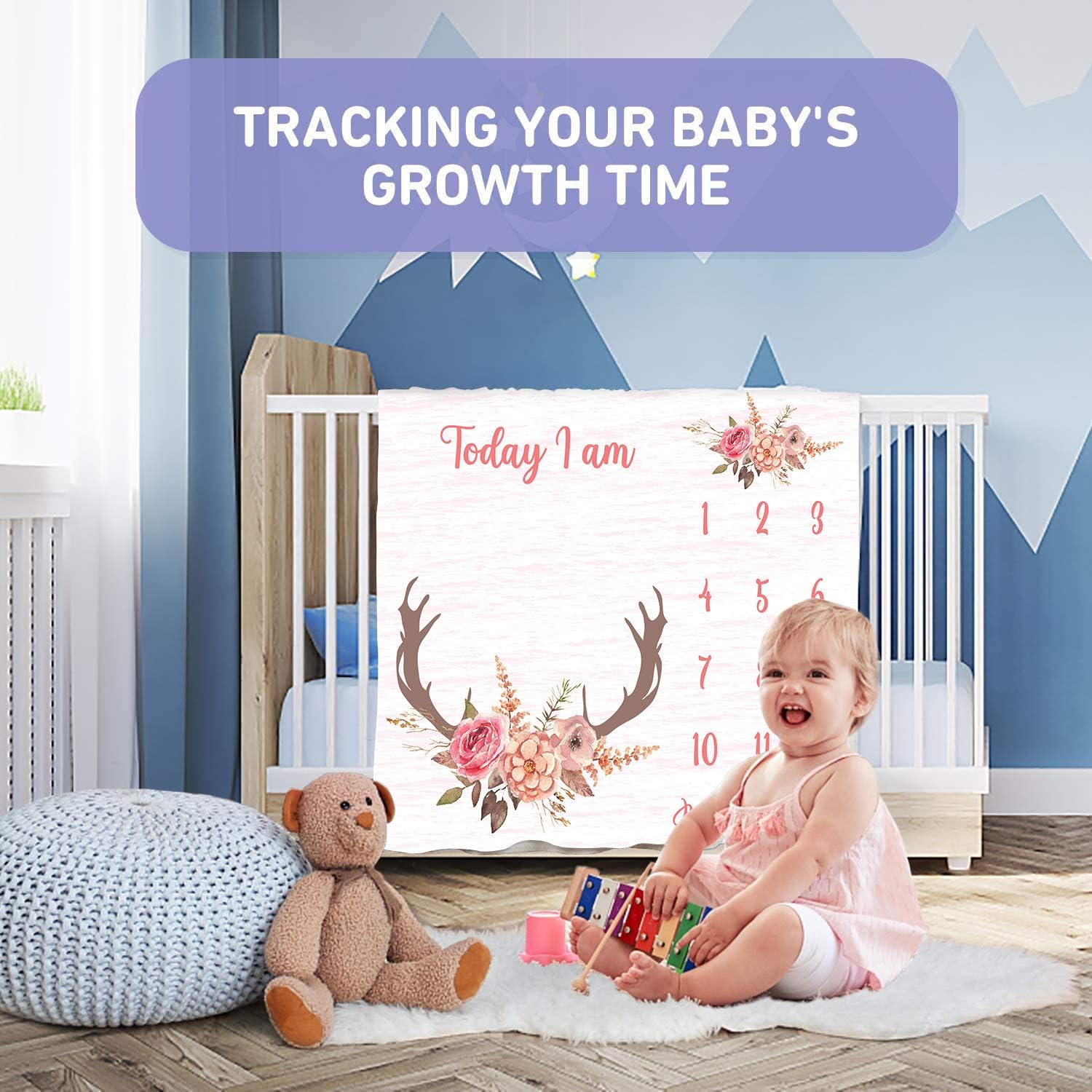 PHMOJEN Monthly Milestone Blanket for Baby Girl Pink Deer Antler Flowers