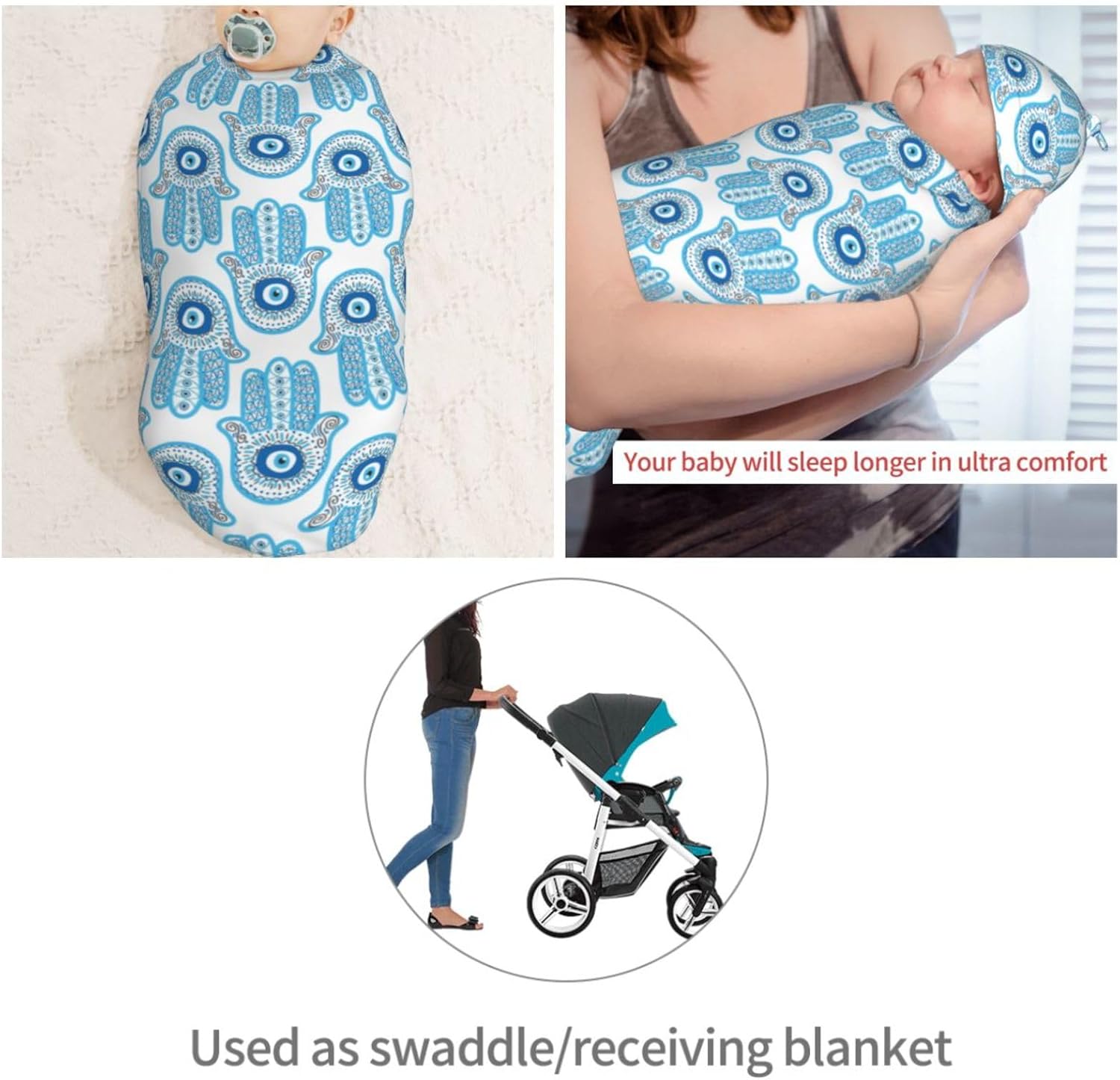 Muishi Hamsa Hand Evil Eye Swaddle Blanket Hat Set