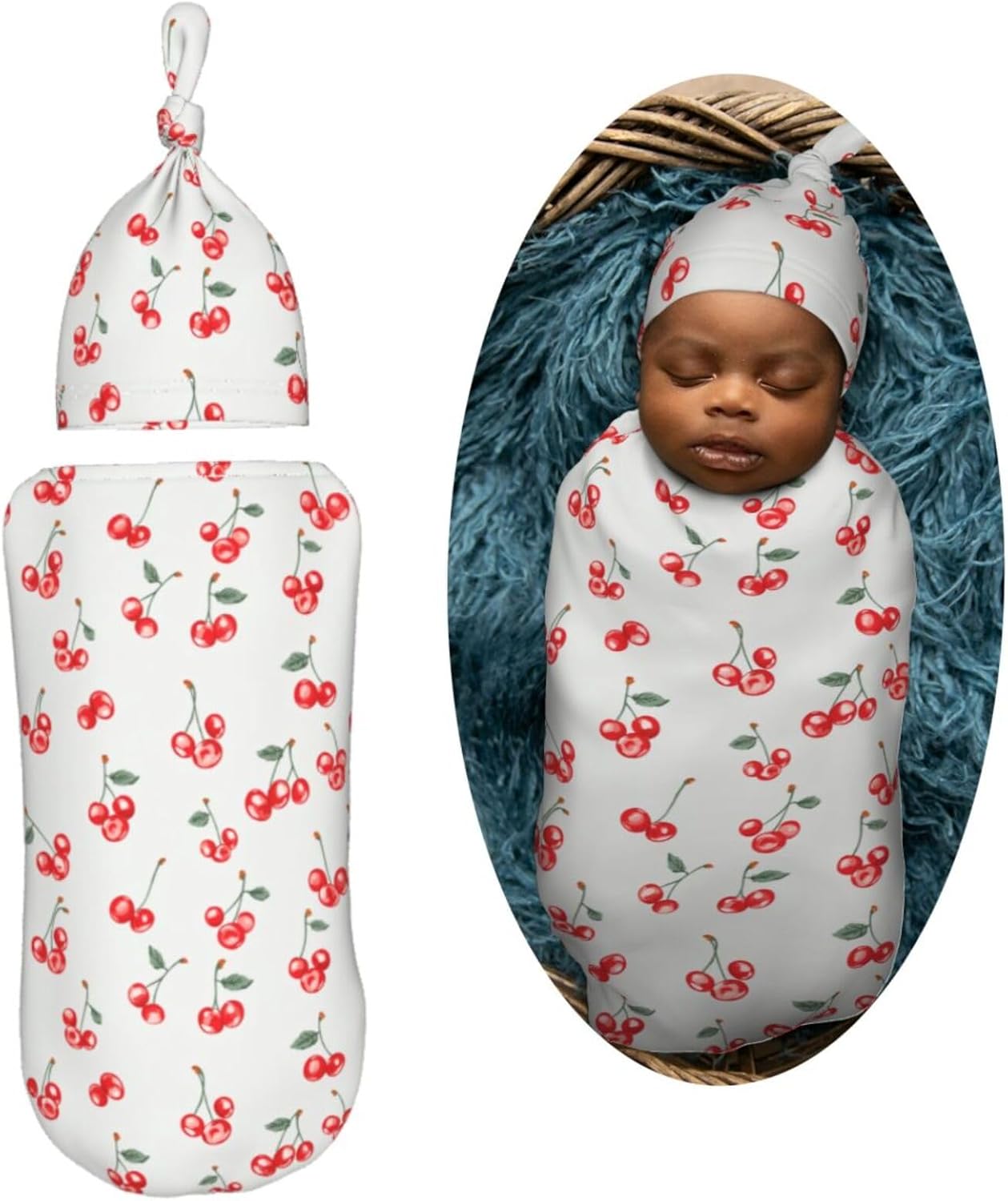 Small Red Cherries Swaddle Blanket Hat Set for Newborns