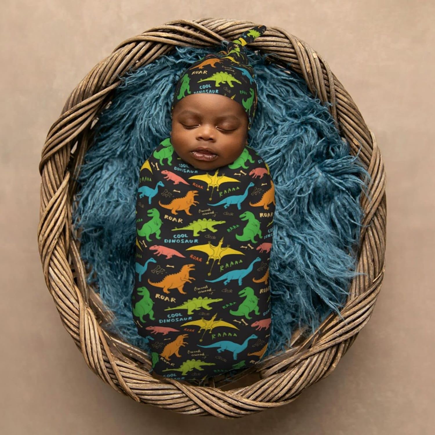 Dinosaur Swaddle Blanket Hat Set for Newborns