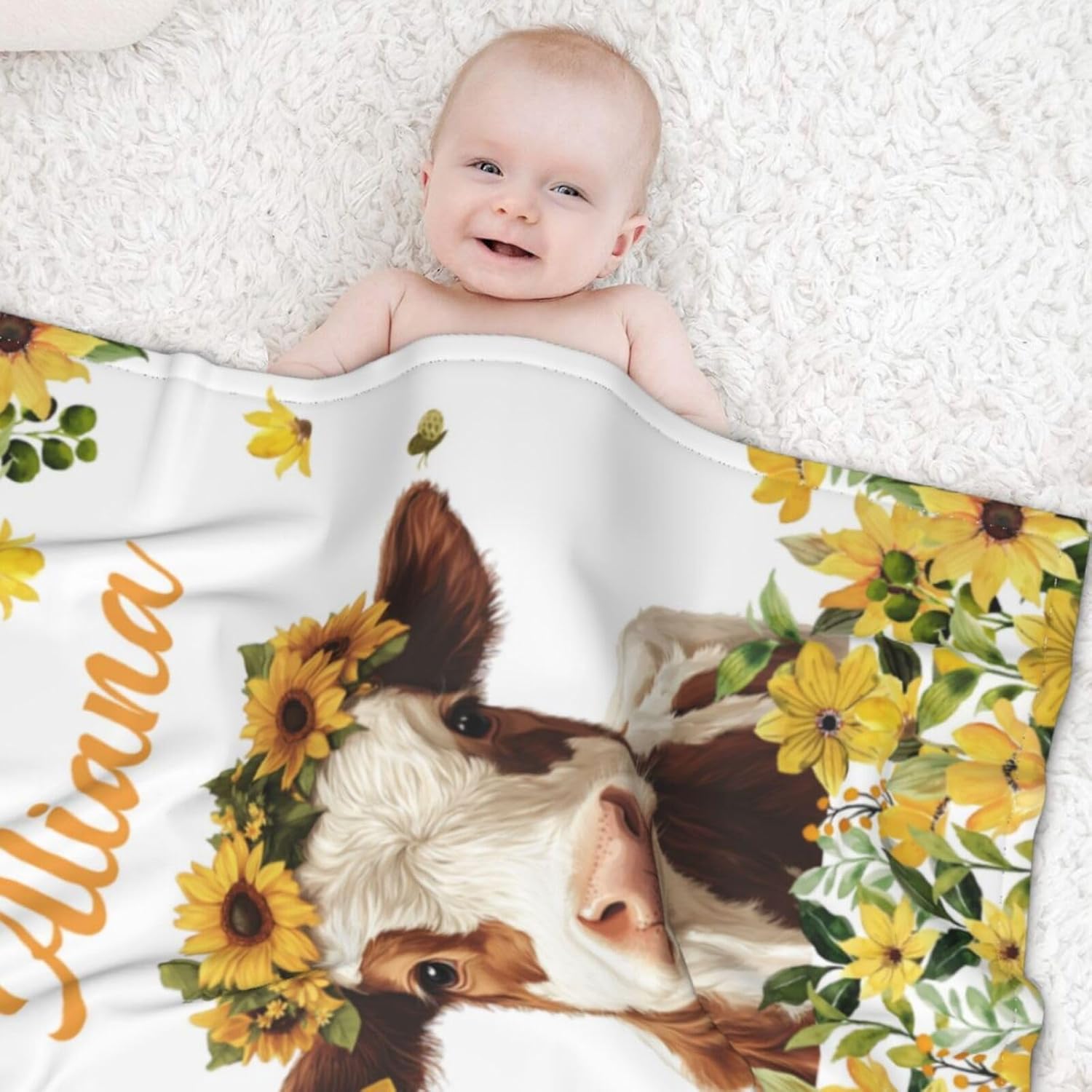 Customized Baby Blanket with Name Cow Pattern Flannel Blanket