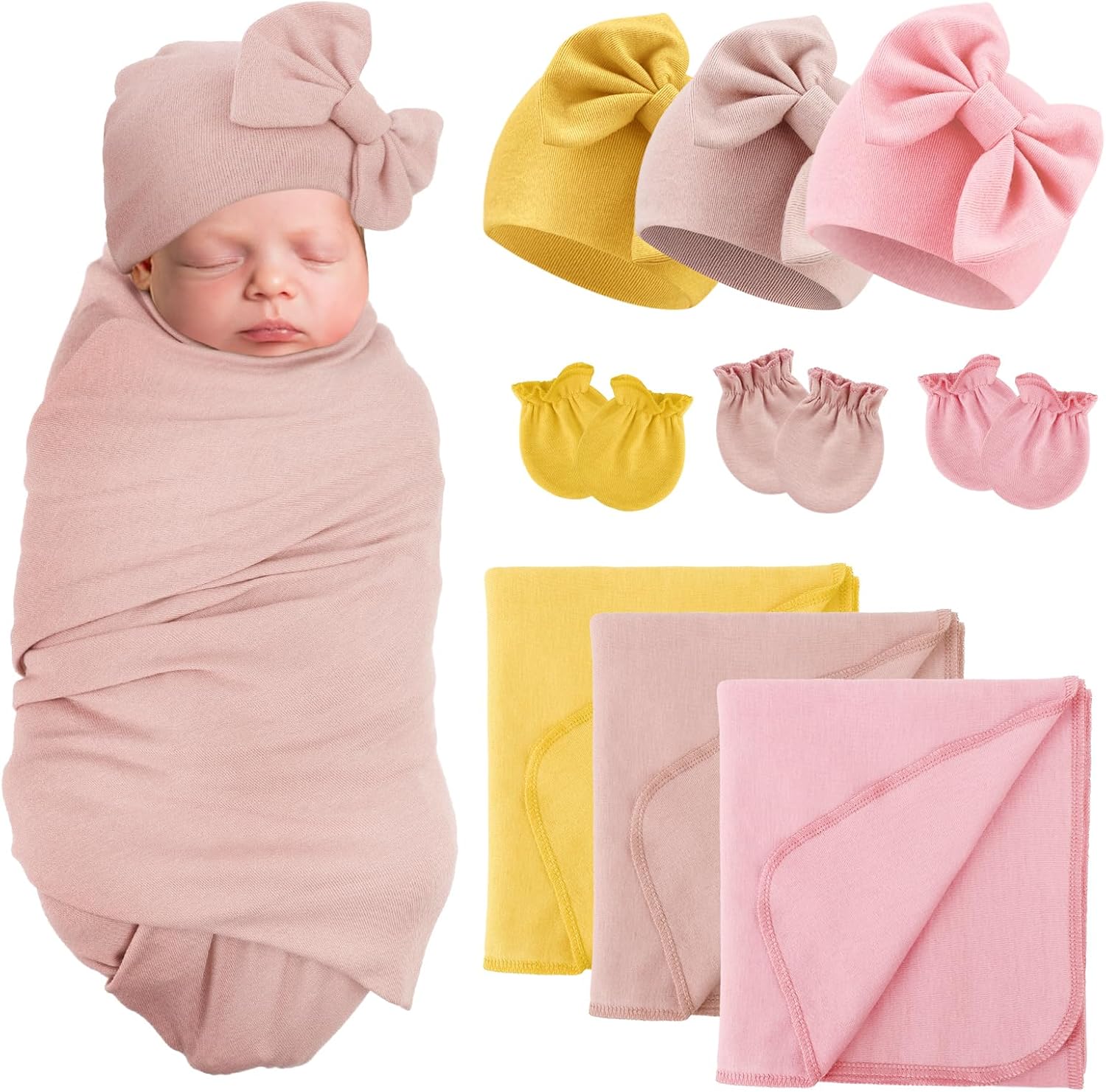 AQOKKA Newborn Swaddle Blanket with Bow Hat Mittens Set