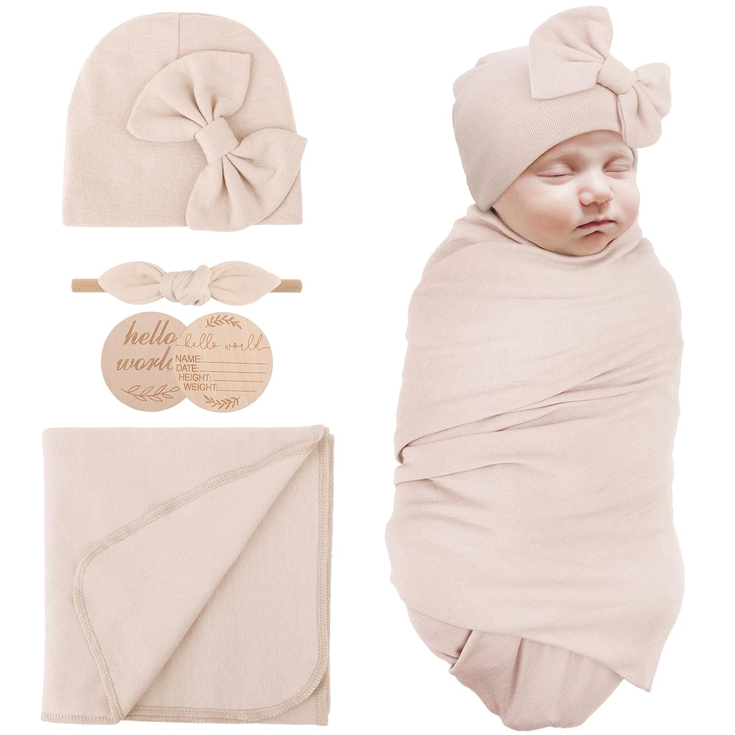AQOKKA Newborn Swaddle Blanket with Bow Hat Headband Set