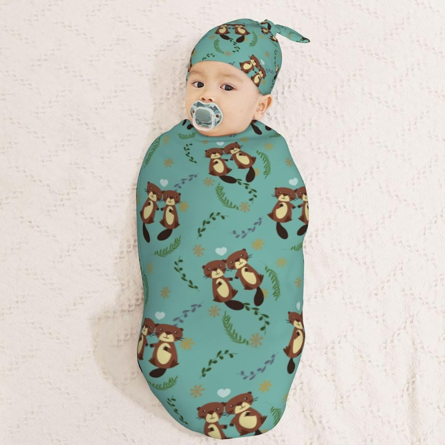 Muishi Cute Beaver Newborn Swaddle Blanket and Hat Set