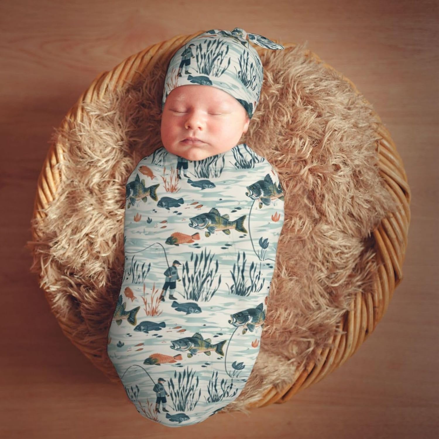 Muishi River Bass Fishes Swaddle Blanket Hat Set 1