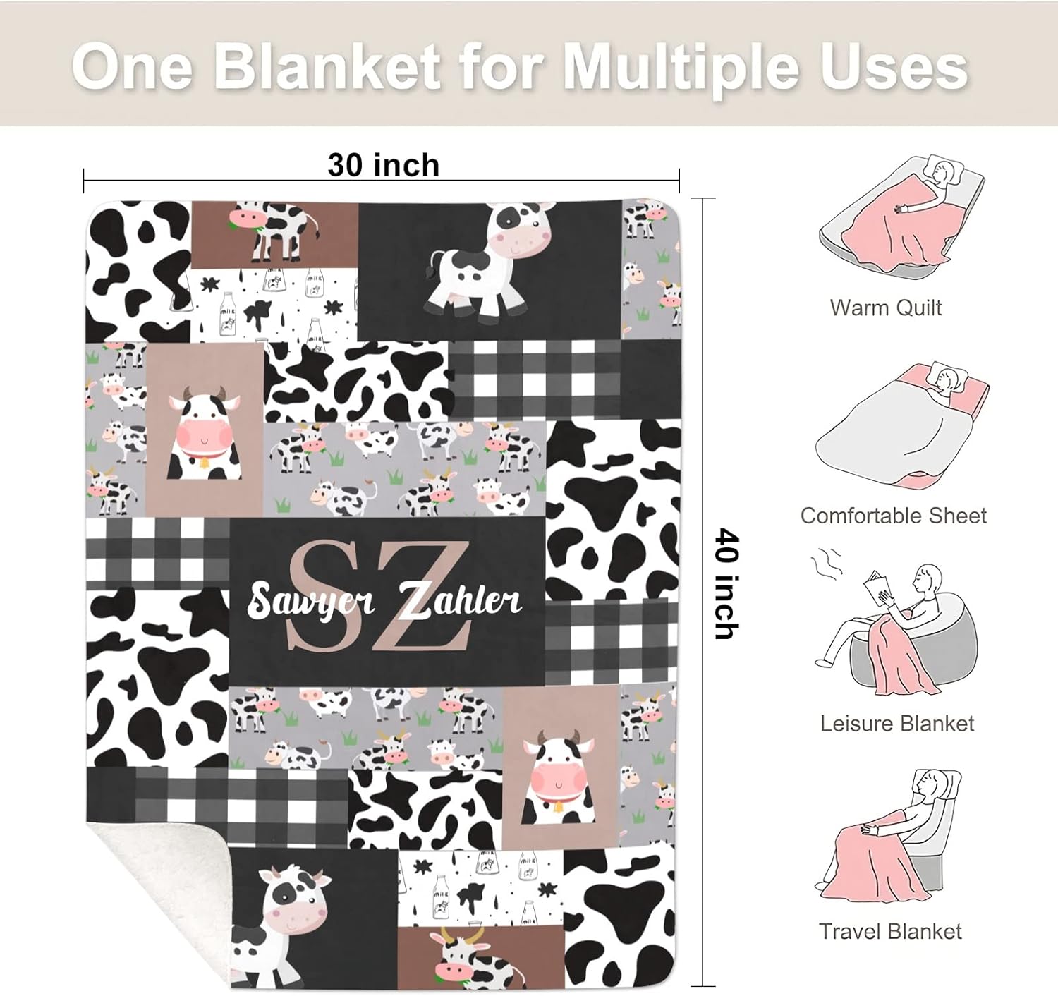 NZOOHY Cow Print Personalized Baby Blanket 30X40 in