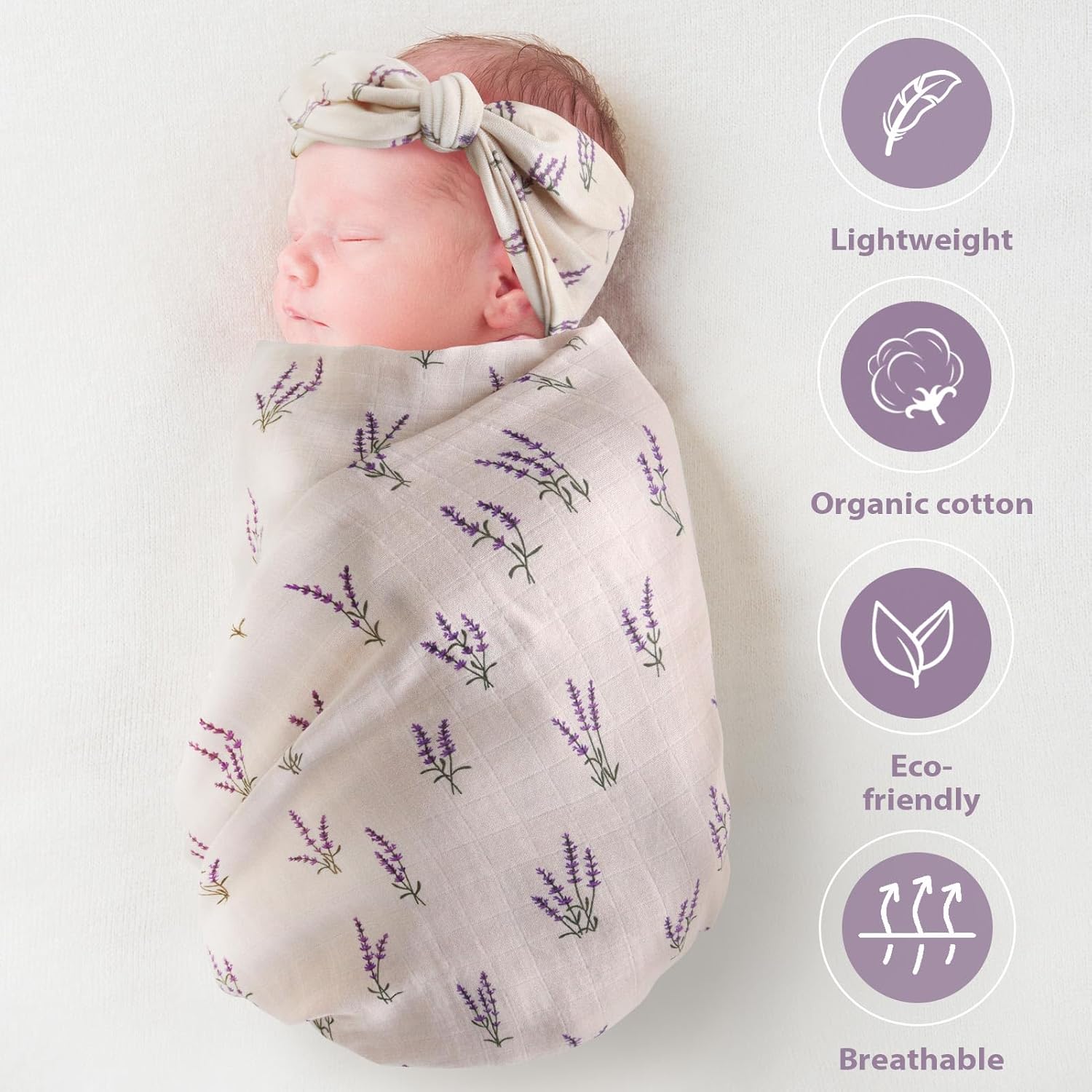 LifeTree Muslin Swaddle Blanket Set with Lavender Pattern