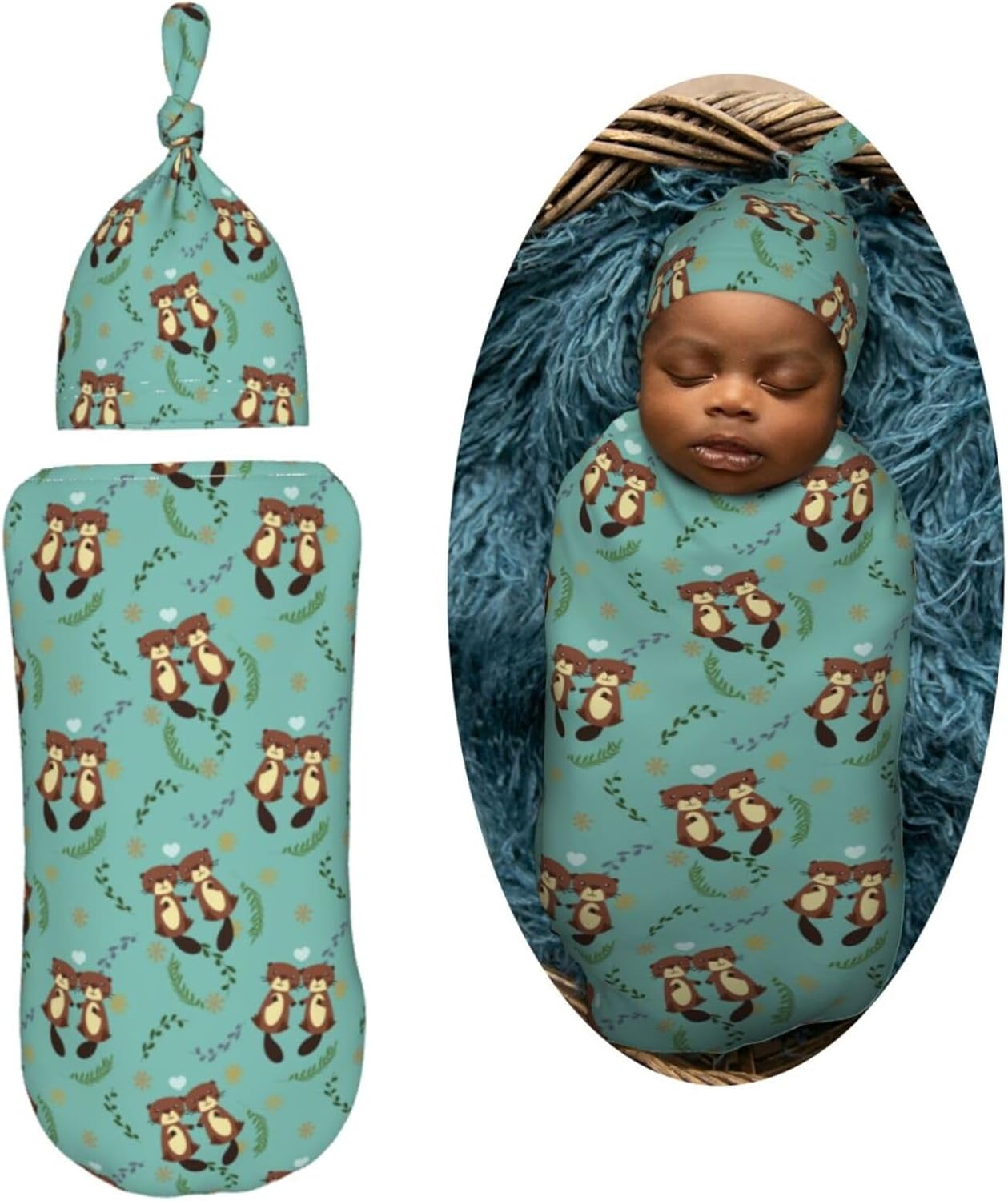 Muishi Cute Beaver Newborn Swaddle Blanket and Hat Set