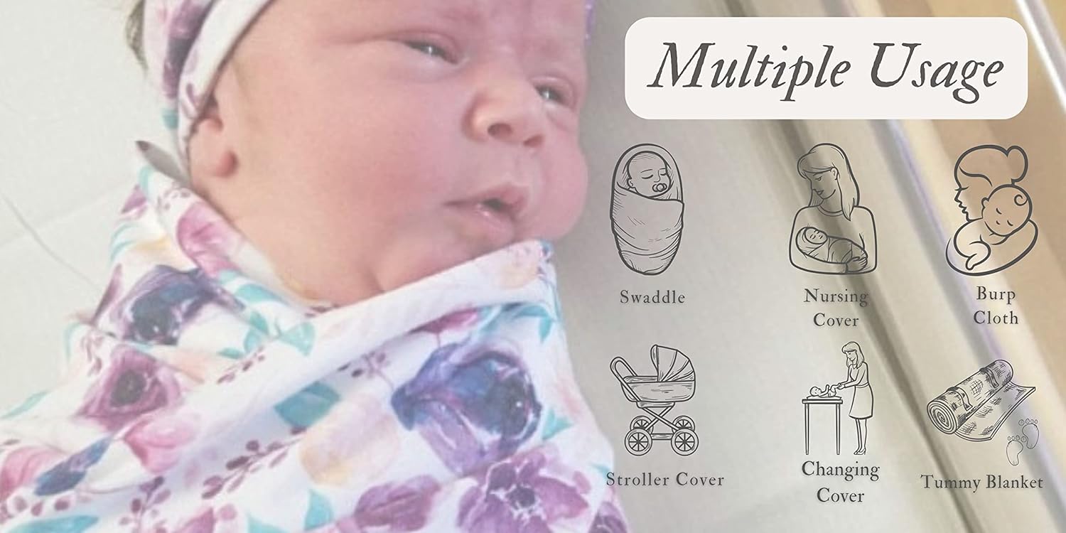 Terriboo Newborn Floral Print Swaddle Blanket with Headband and Beanie
