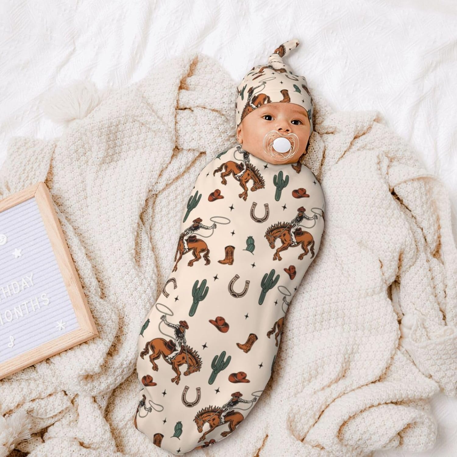 Sozzjile Western Baby Swaddle Blanket with Beanie Set