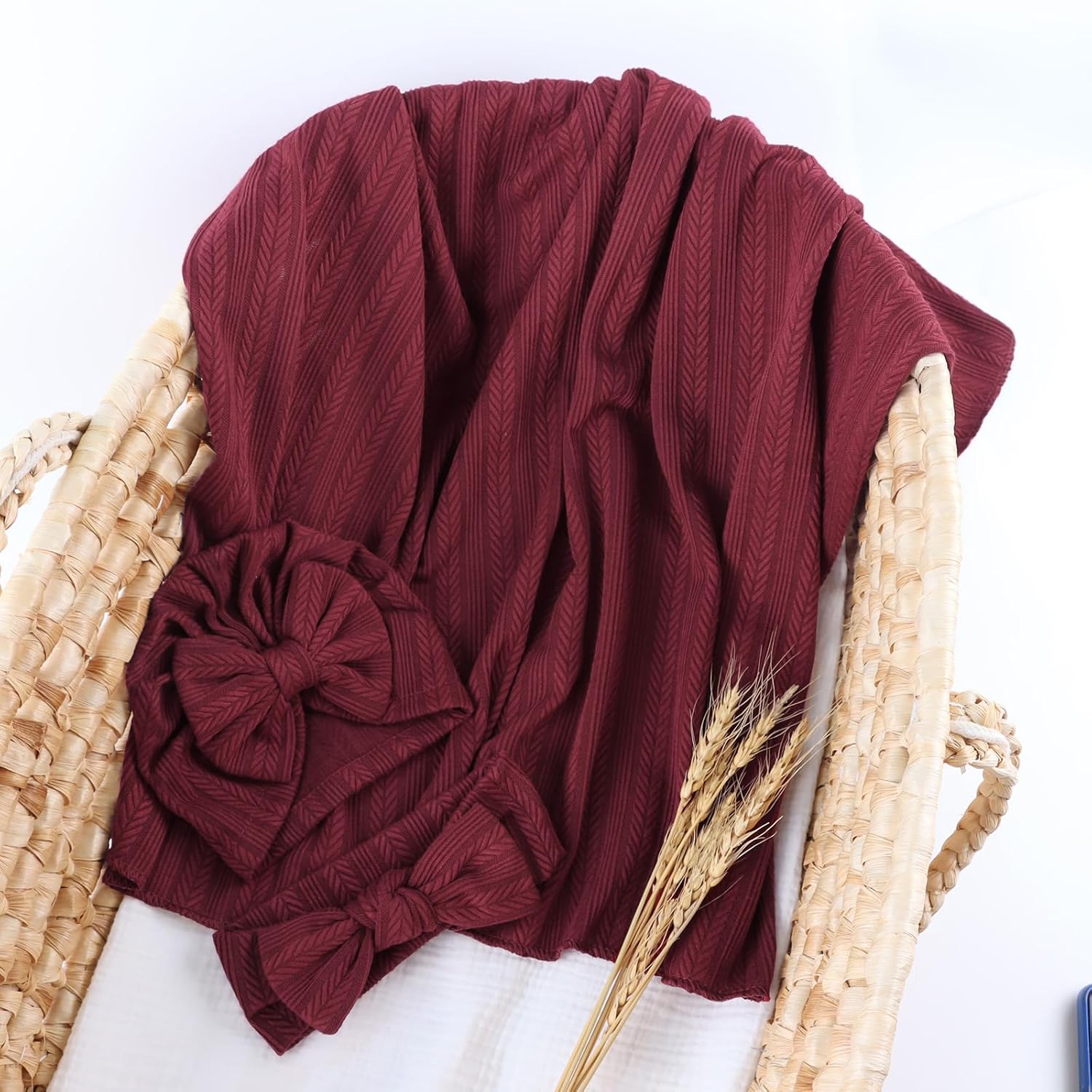 OMUKY Newborn Swaddle Blanket and Headband Set Wine Red