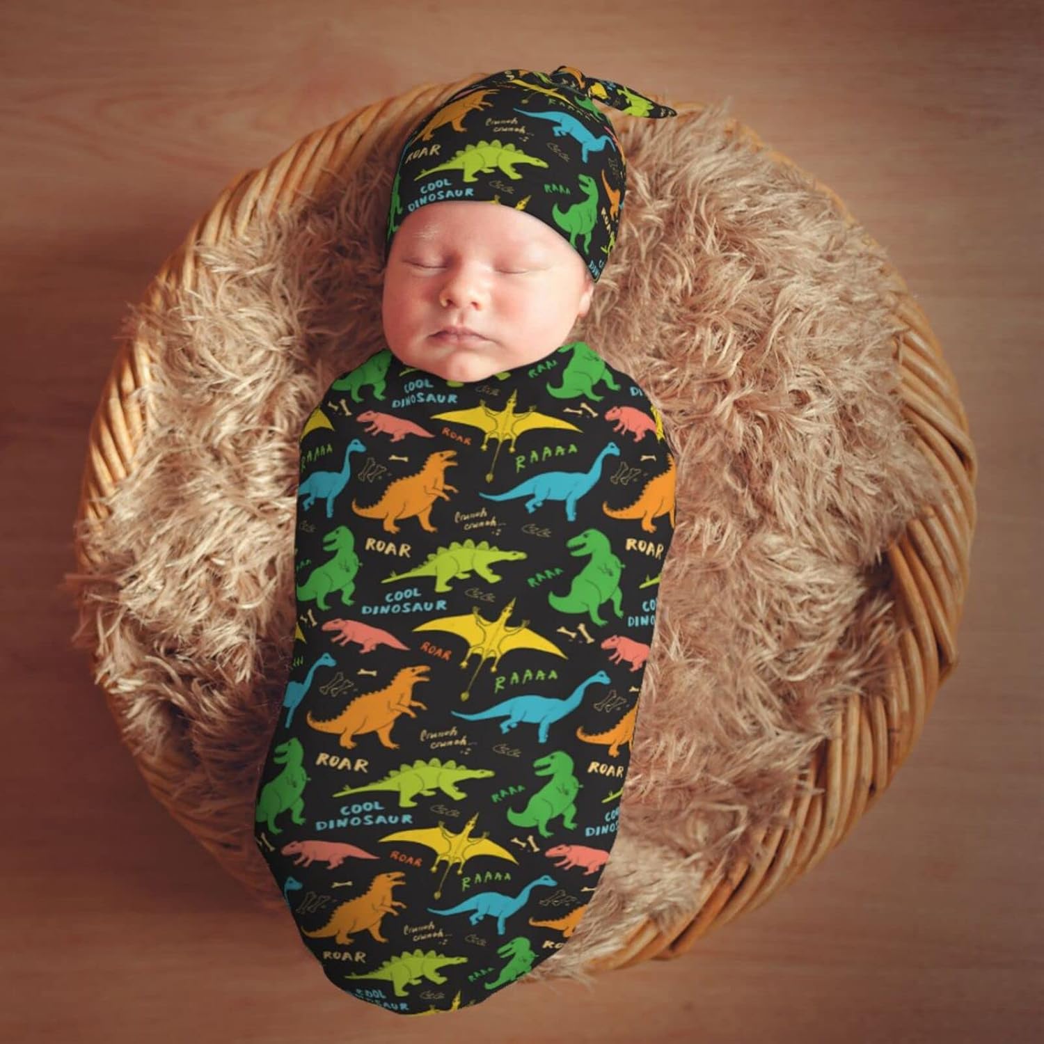 Dinosaur Swaddle Blanket Hat Set for Newborns