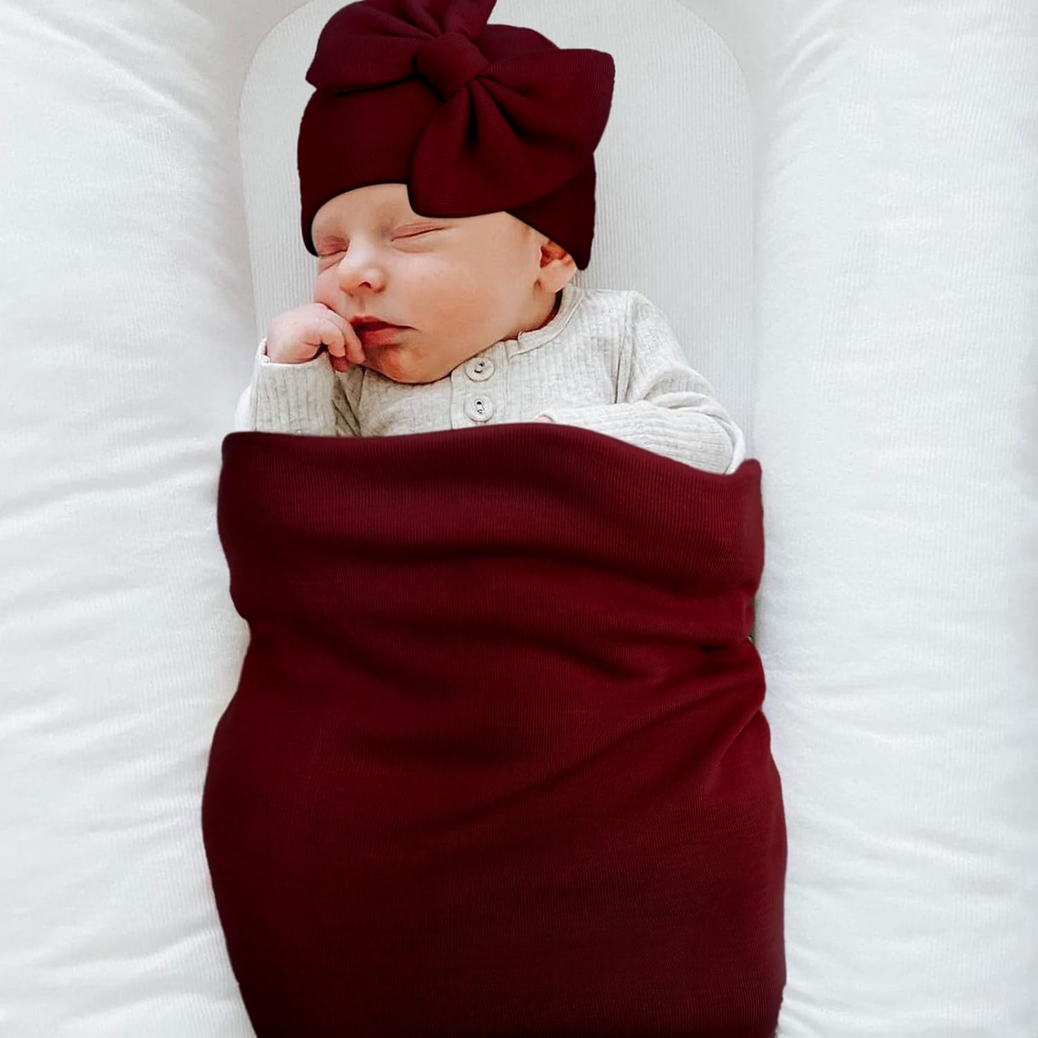 AQOKKA Newborn Swaddle Blanket with Bow Hat Mittens Wooden Card Set 1