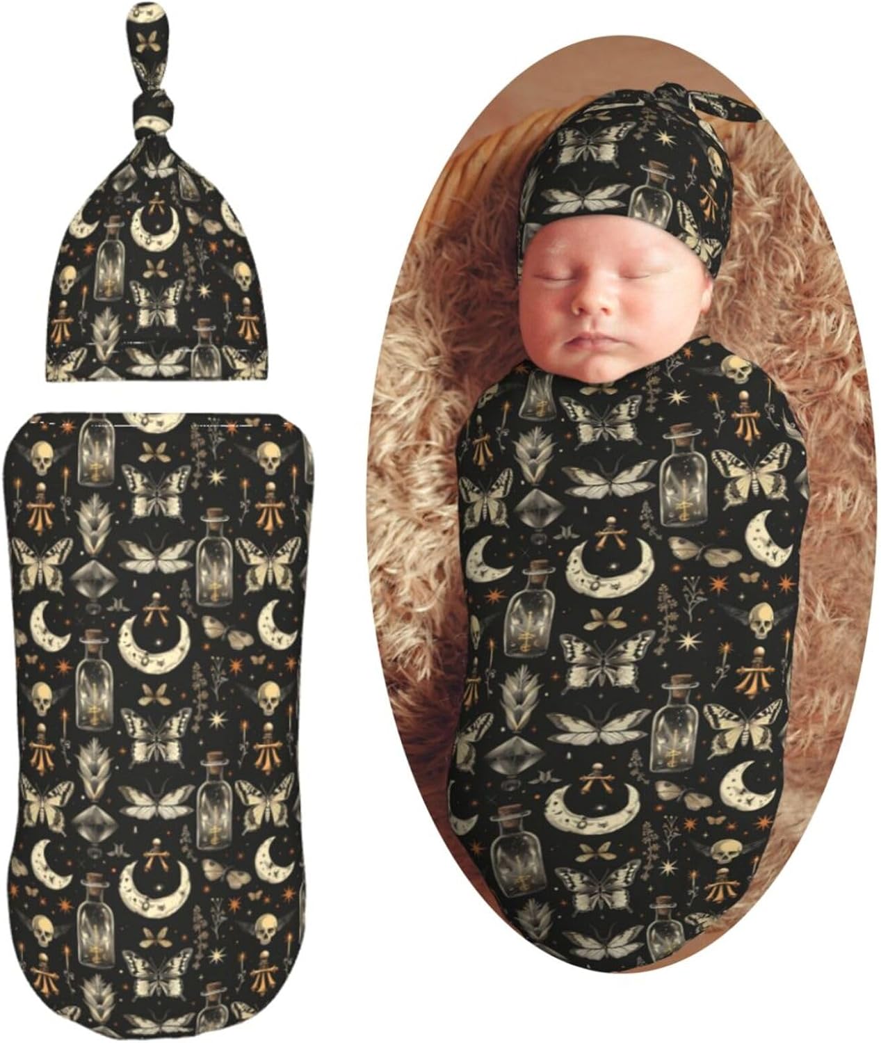 Muishi Moths and Moons Swaddle Blanket and Hat Set