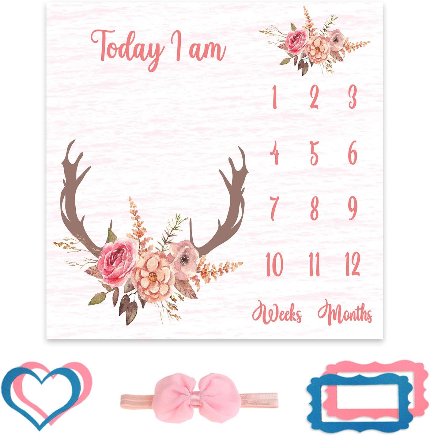 PHMOJEN Monthly Milestone Blanket for Baby Girl Pink Deer Antler Flowers