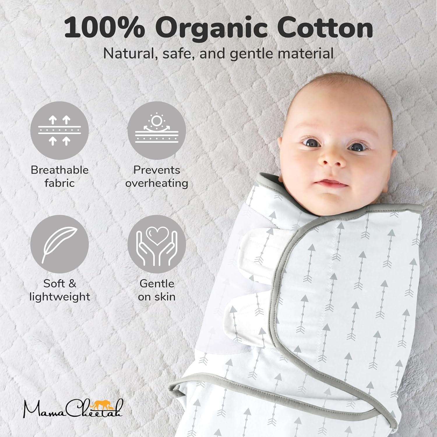 Mama Cheetah Organic Baby Swaddle Blanket 3-Pack Grey