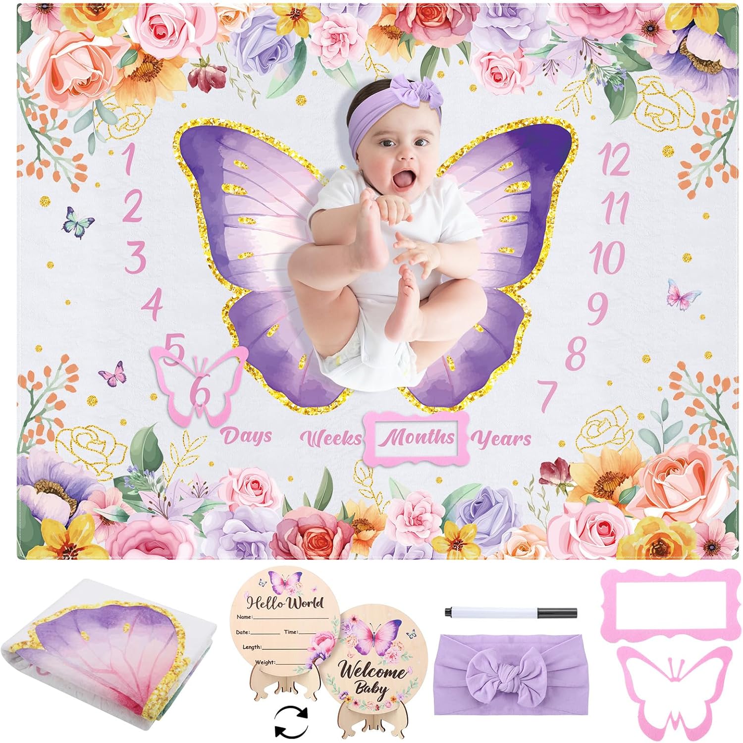 Butterfly Baby Milestone Blanket Set for Baby Girls