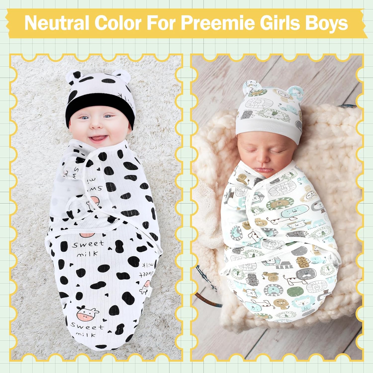 2 Pack Preemie Baby Swaddle Blanket with Cow Hat Set