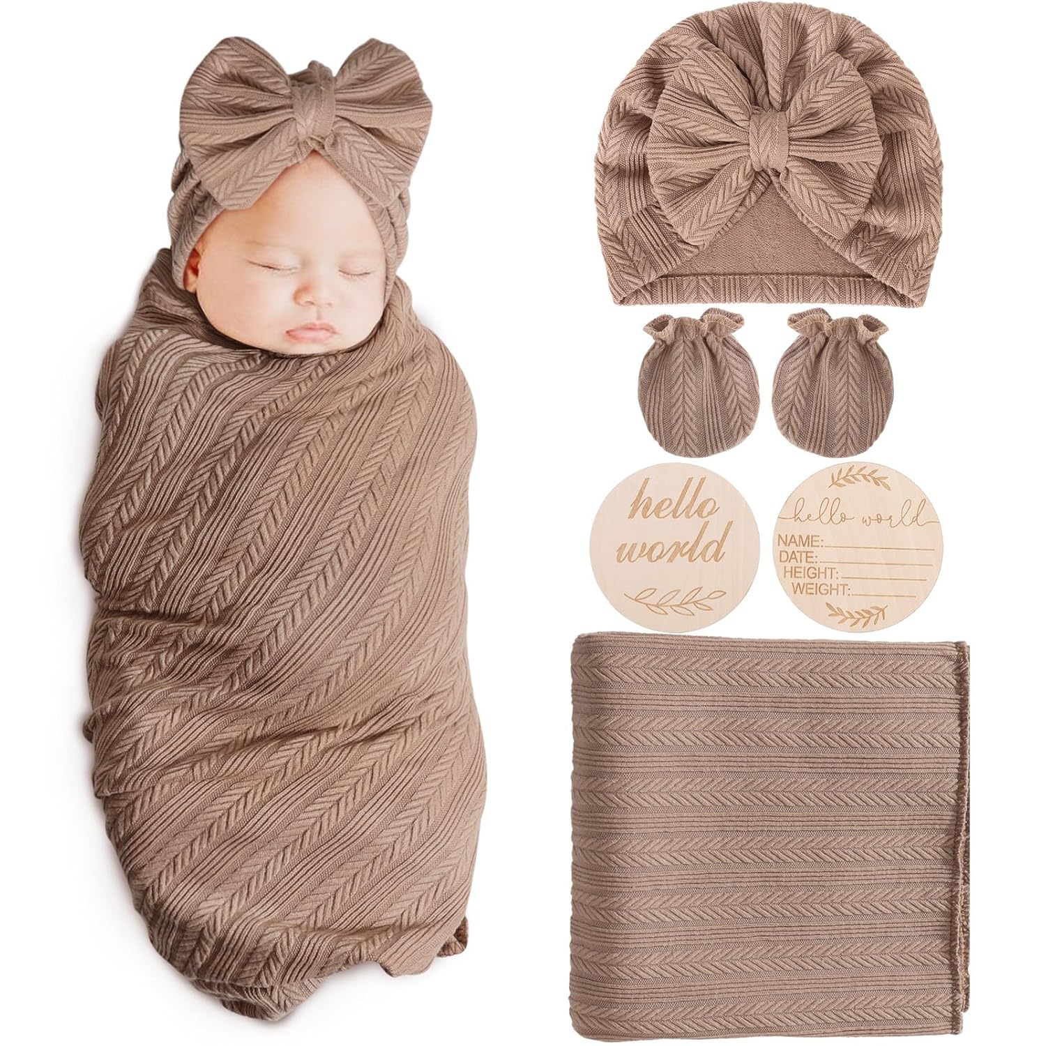 AQOKKA Newborn Swaddle Blanket with Bow Hat Mittens Set 1