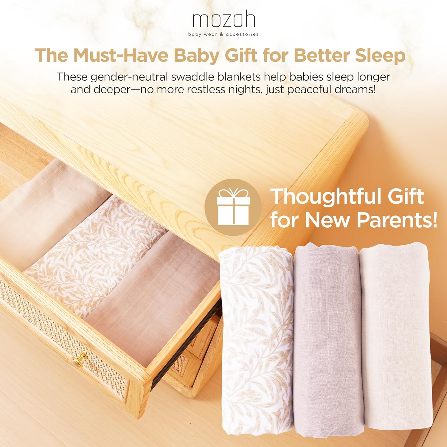 MOZAH Organic Muslin Swaddle Blankets 3 Pack