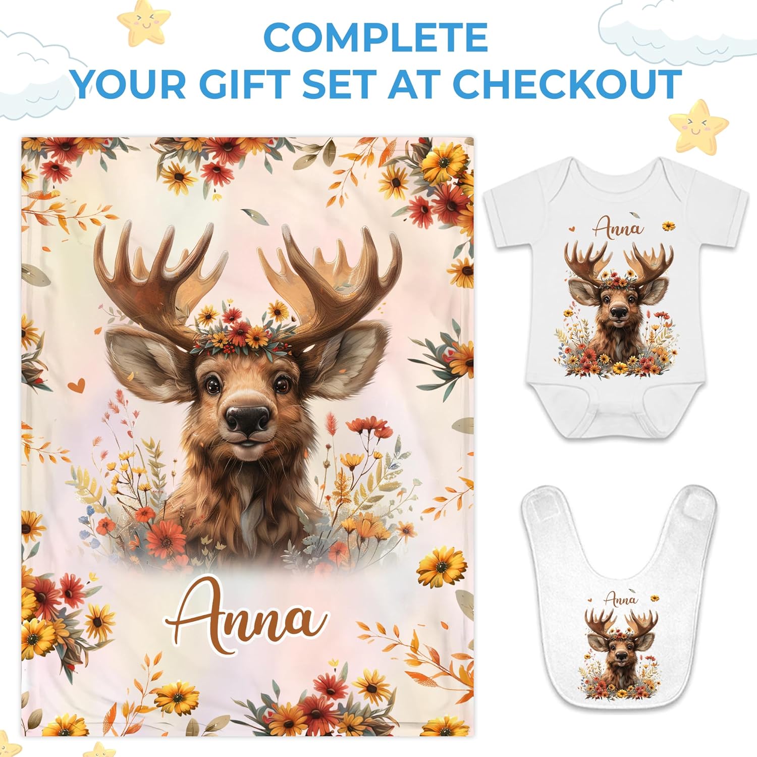 Hyturtle Personalized Moose Blanket - Custom Name Baby Fleece Throw