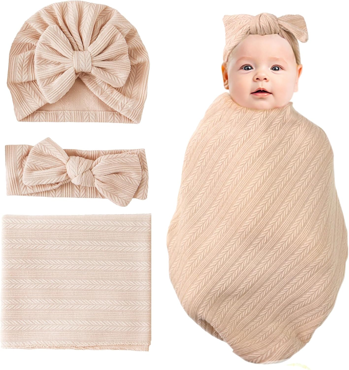 Jastore Baby Swaddle Blankets 3PCS with Hat and Bow Headband