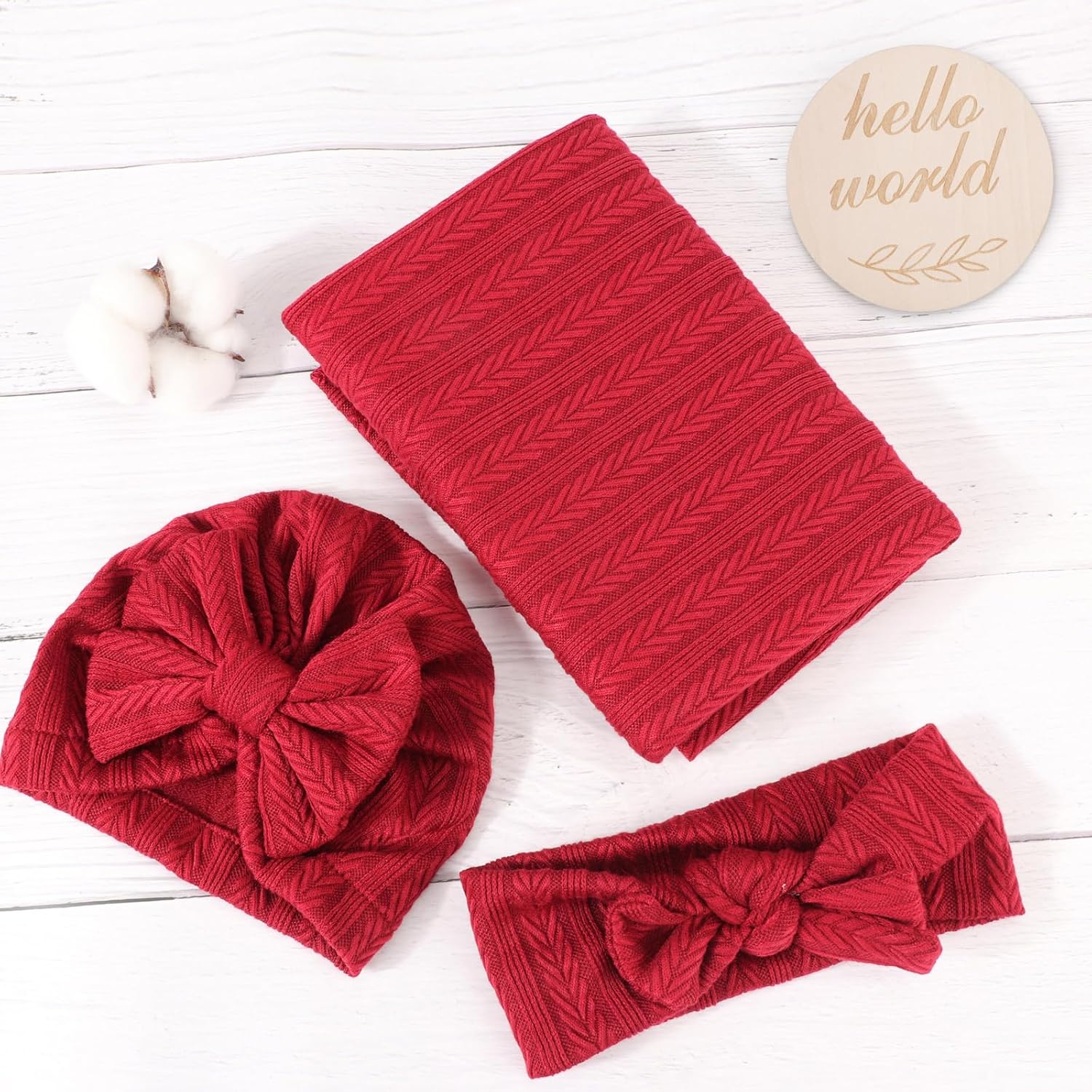AQOKKA Newborn Swaddle Blanket with Bow Hat and Wooden Card