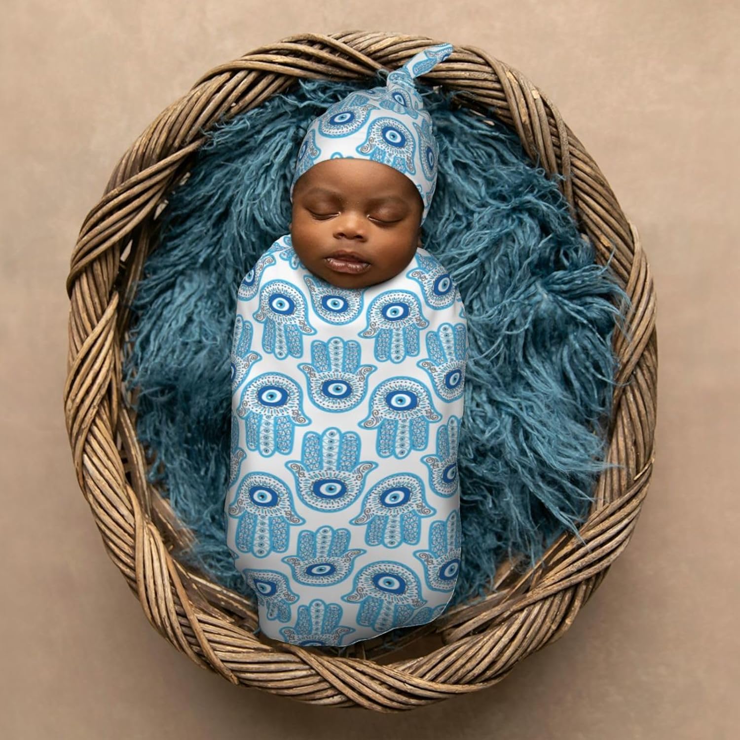 Muishi Hamsa Hand Evil Eye Swaddle Blanket Hat Set