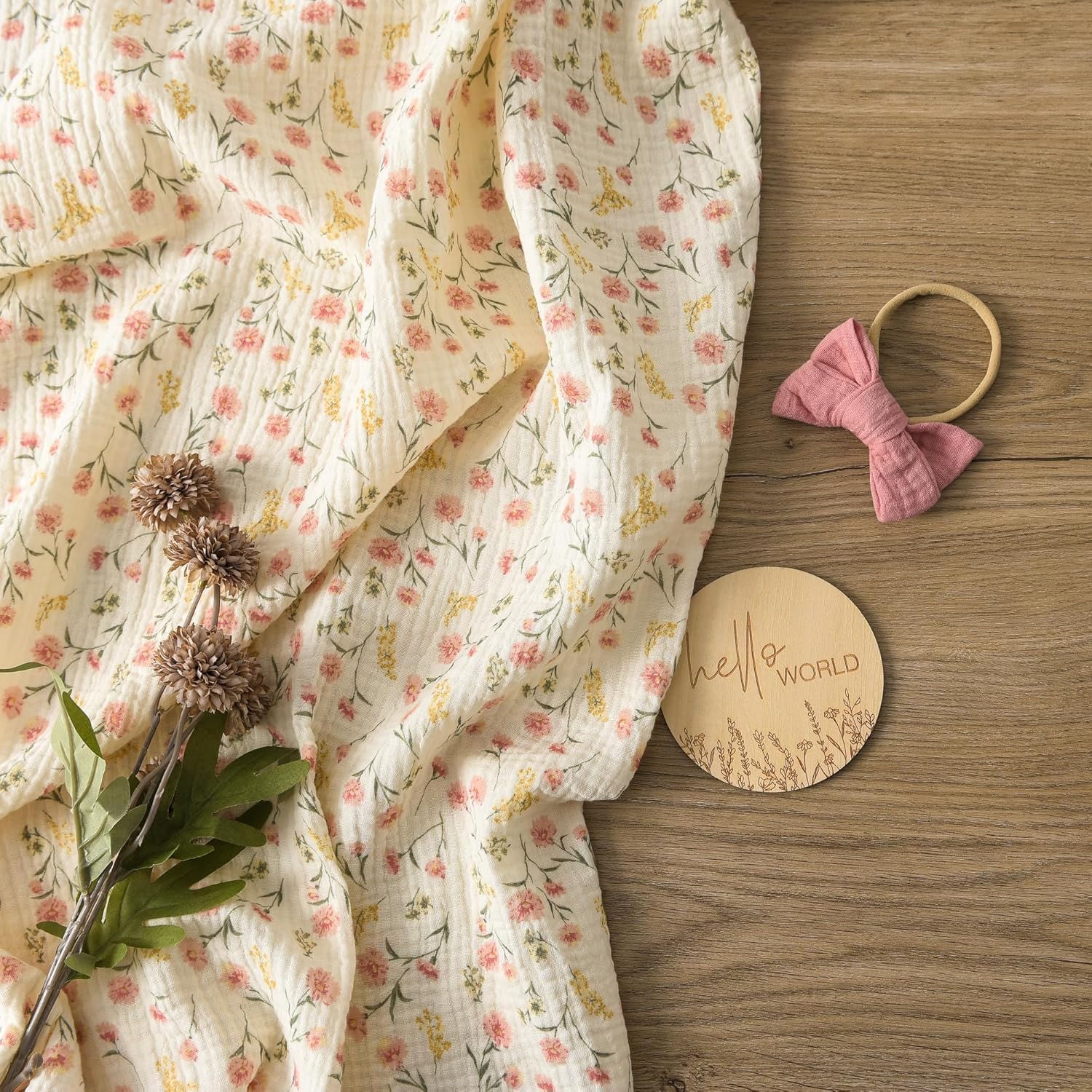 Little Jump Pink Floral Swaddle Blanket and Bow Set