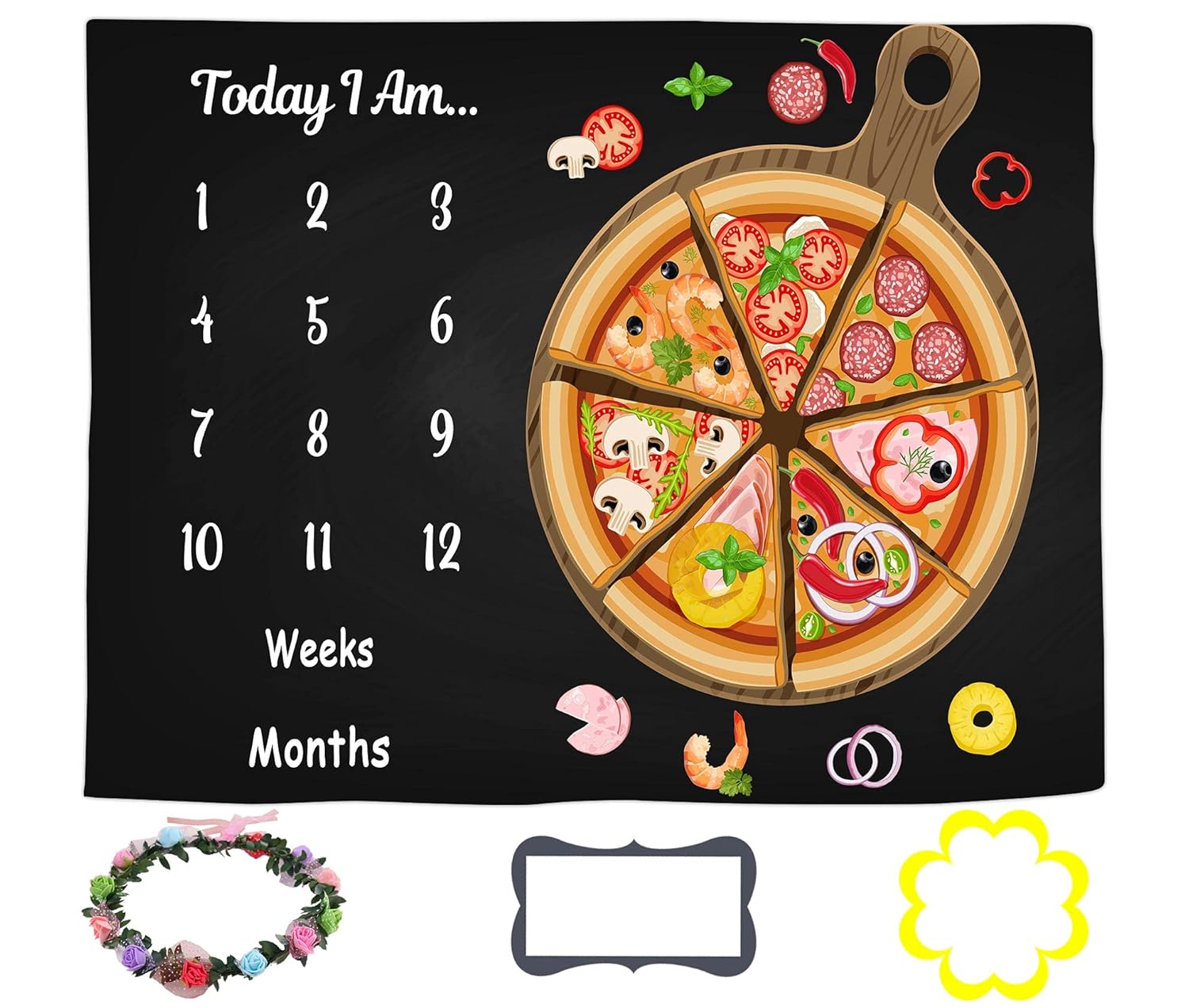 Baby Monthly Milestone Blanket - Pizza Black Personalized 60x40