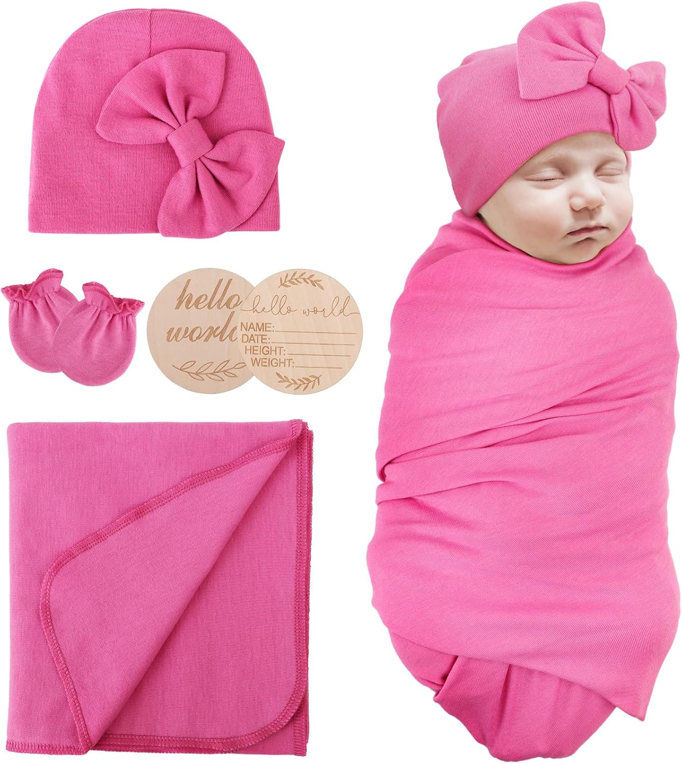 AQOKKA Newborn Swaddle Blanket with Bow Hat Mittens Wooden Card Set